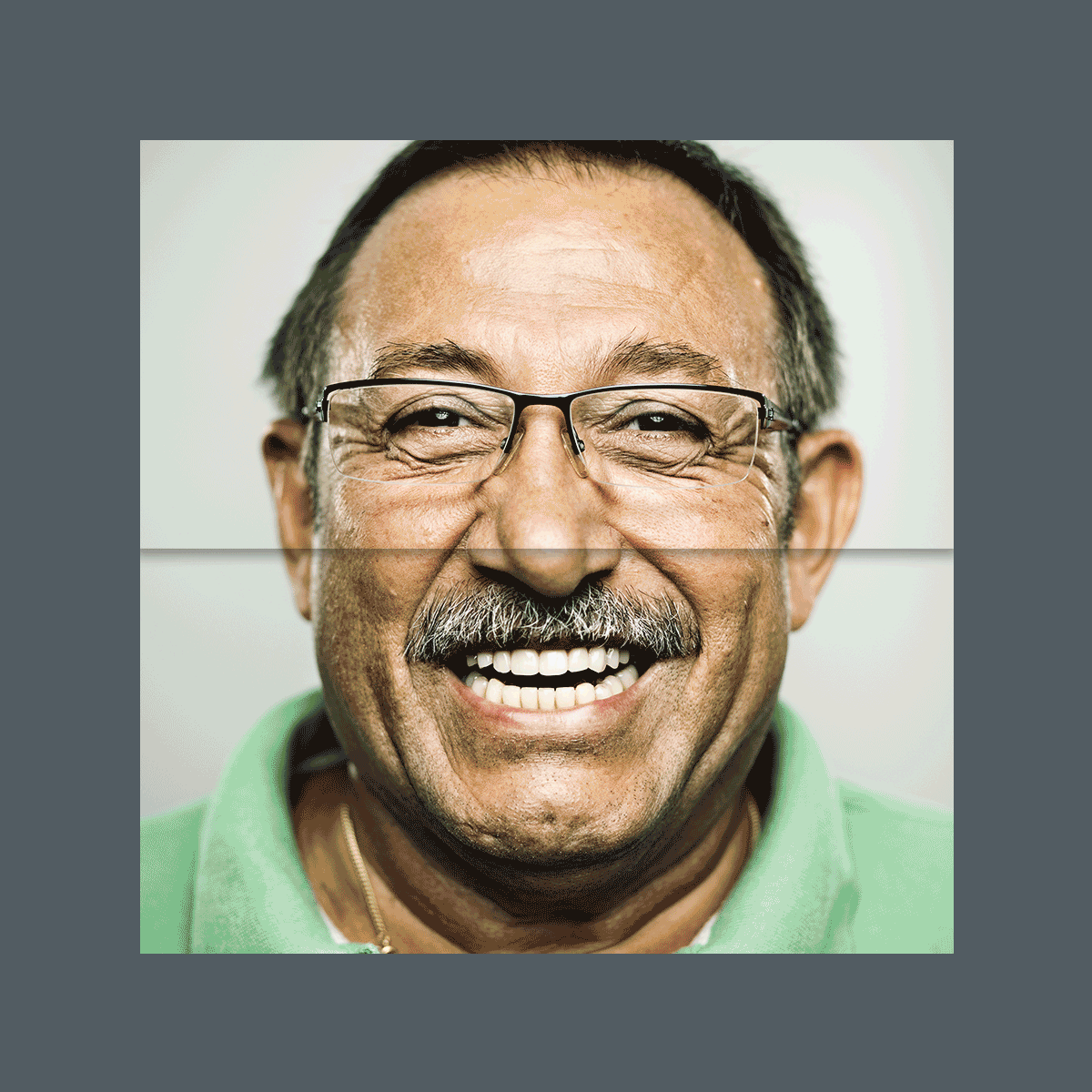 Animated portrait made of two halves from different faces that keep changing, like the split pages of the brochure