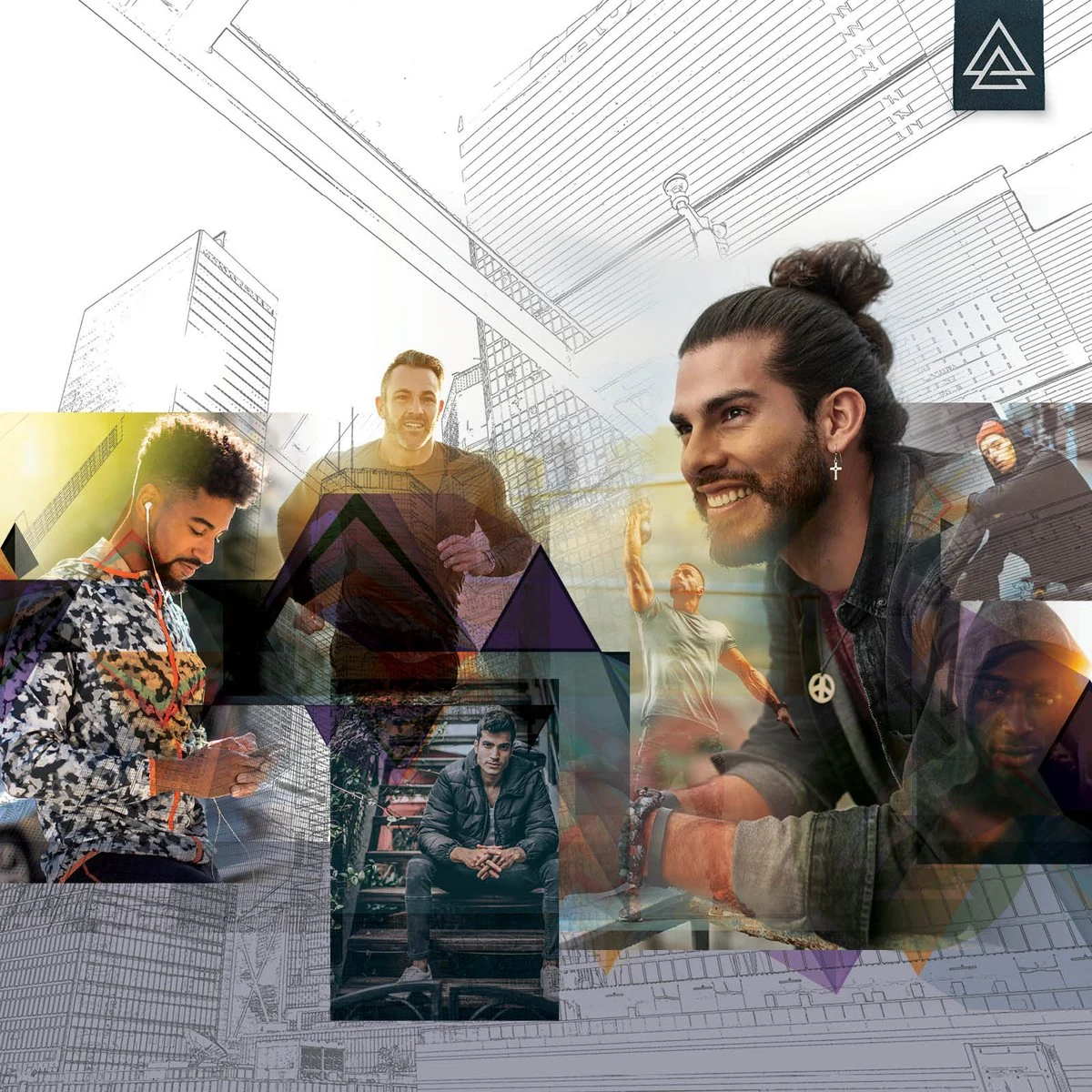 APODOKIA city collage: men in urban settings layered with purple triangles over a line drawing of skyscrapers