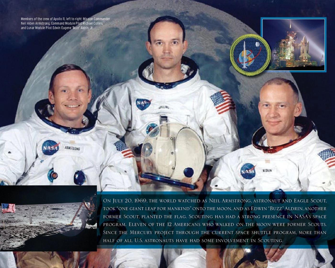Apollo 11 crew portrait page noting that Neil Armstrong was an Eagle Scout