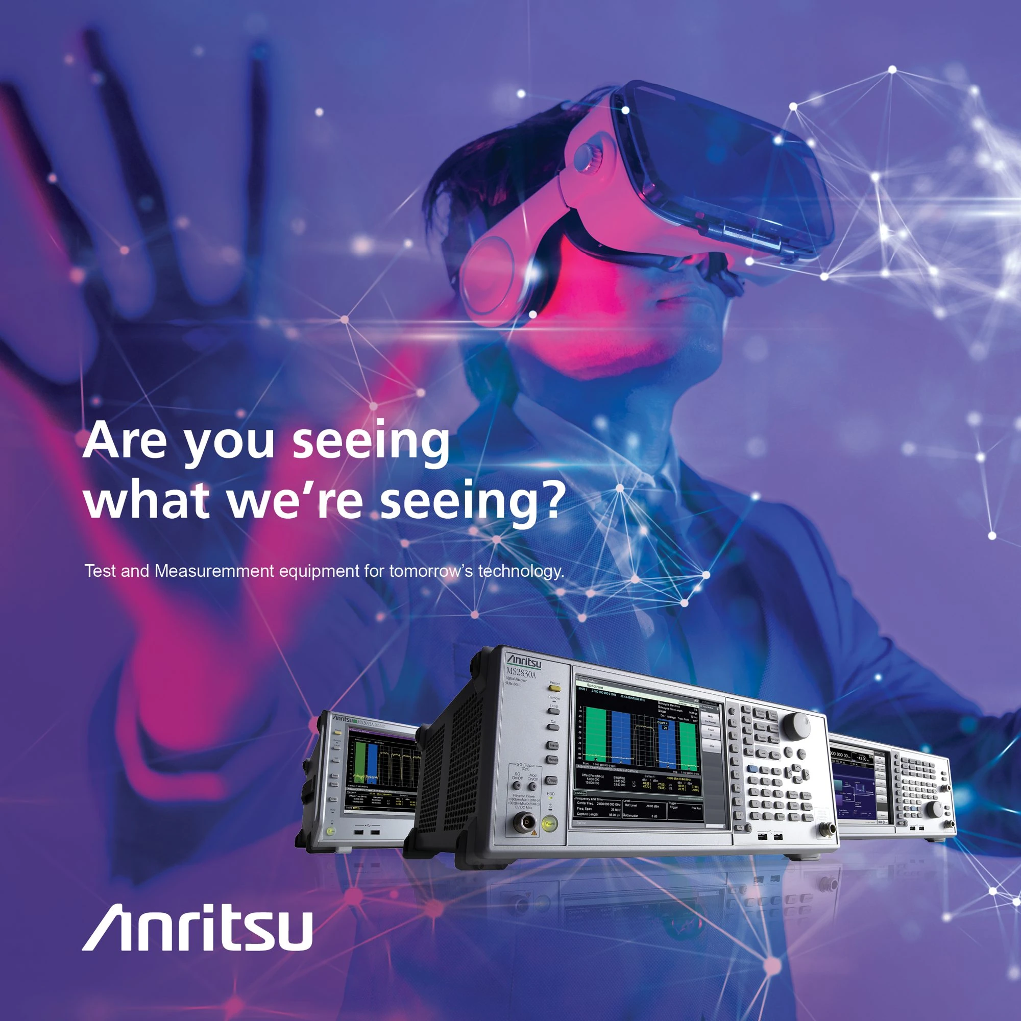 Anritsu ad: “Are you seeing what we’re seeing?” with a person in a VR headset and Anritsu signal analyzers on a purple background