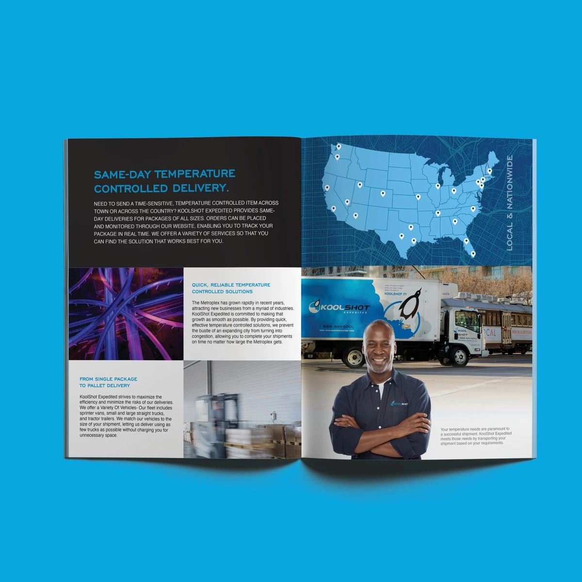 Open KoolShot brochure spread with a nationwide service map, the wrapped truck and a crew member