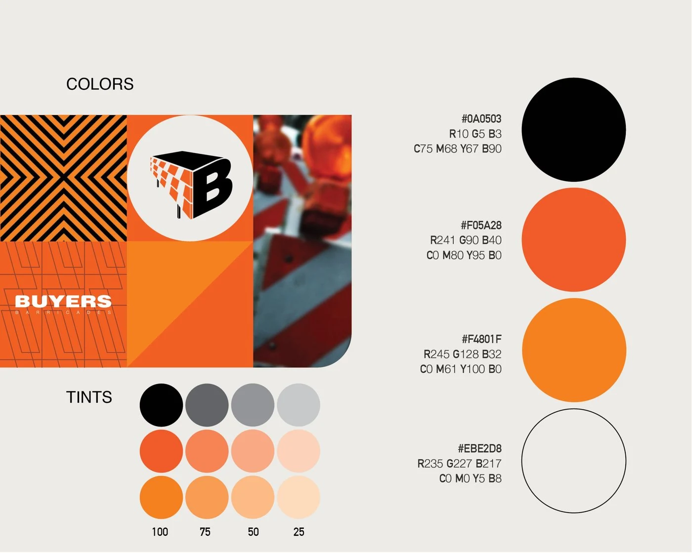 Buyers Barricades color board: black, two safety oranges and cream, with tints and pattern swatches