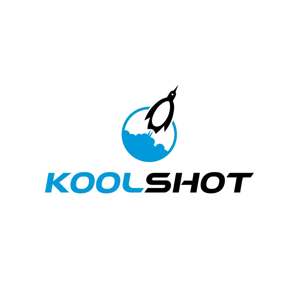KoolShot logo: a penguin launching like a rocket out of a blue circle of clouds, above the KOOLSHOT wordmark in blue and black