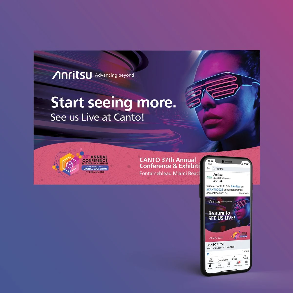 Anritsu “Start seeing more. See us Live at Canto!” banner with the matching LinkedIn post on a phone