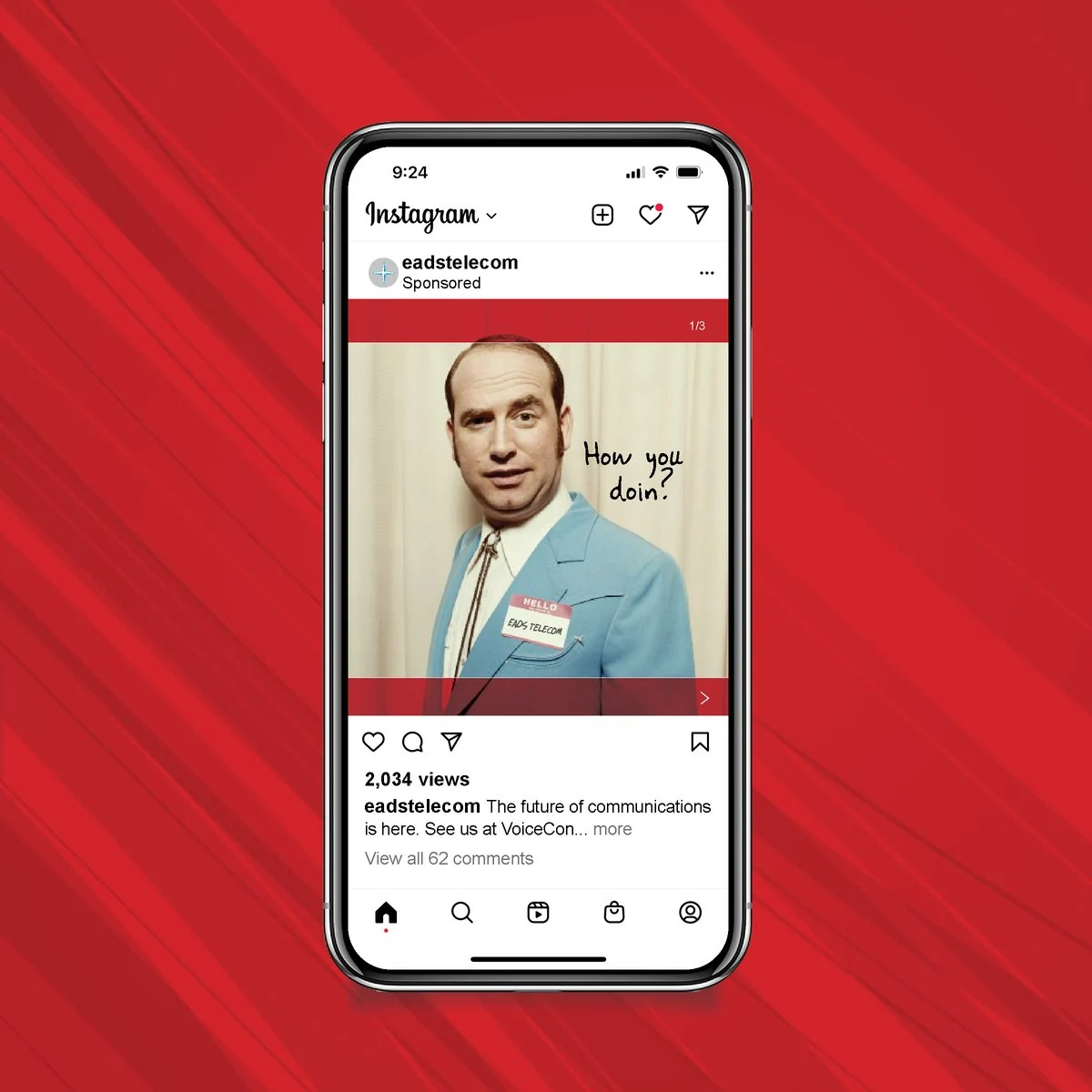 EADS Telecom Instagram post of a man in a blue suit with the handwritten line “How you doin’?”