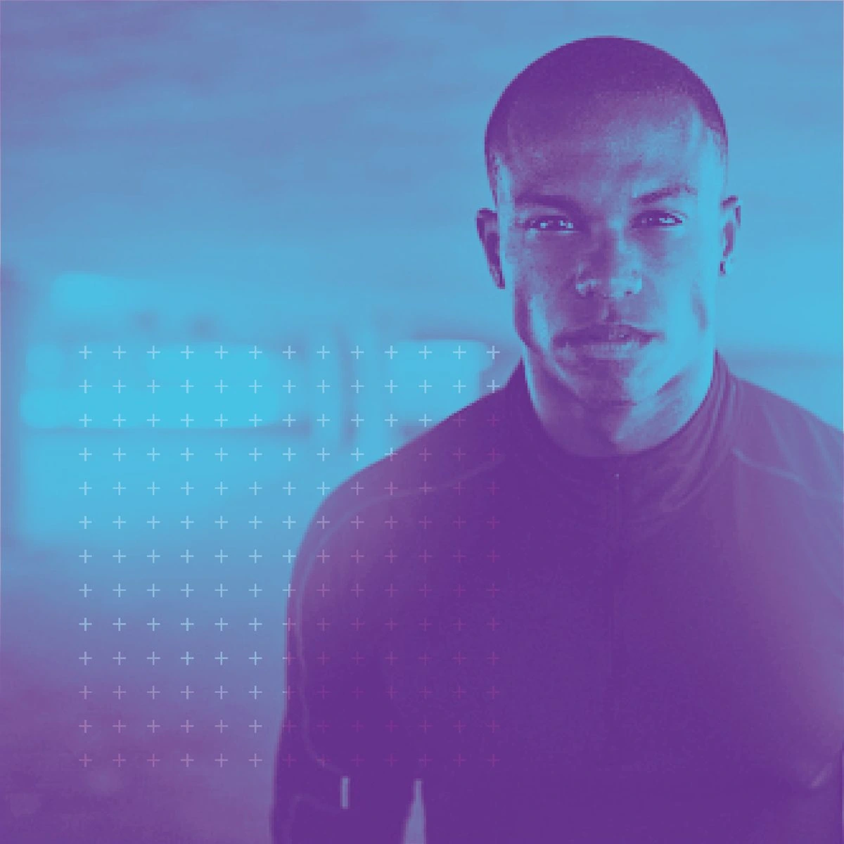 Duotone portrait of an athlete in cyan and purple with a grid of small plus signs