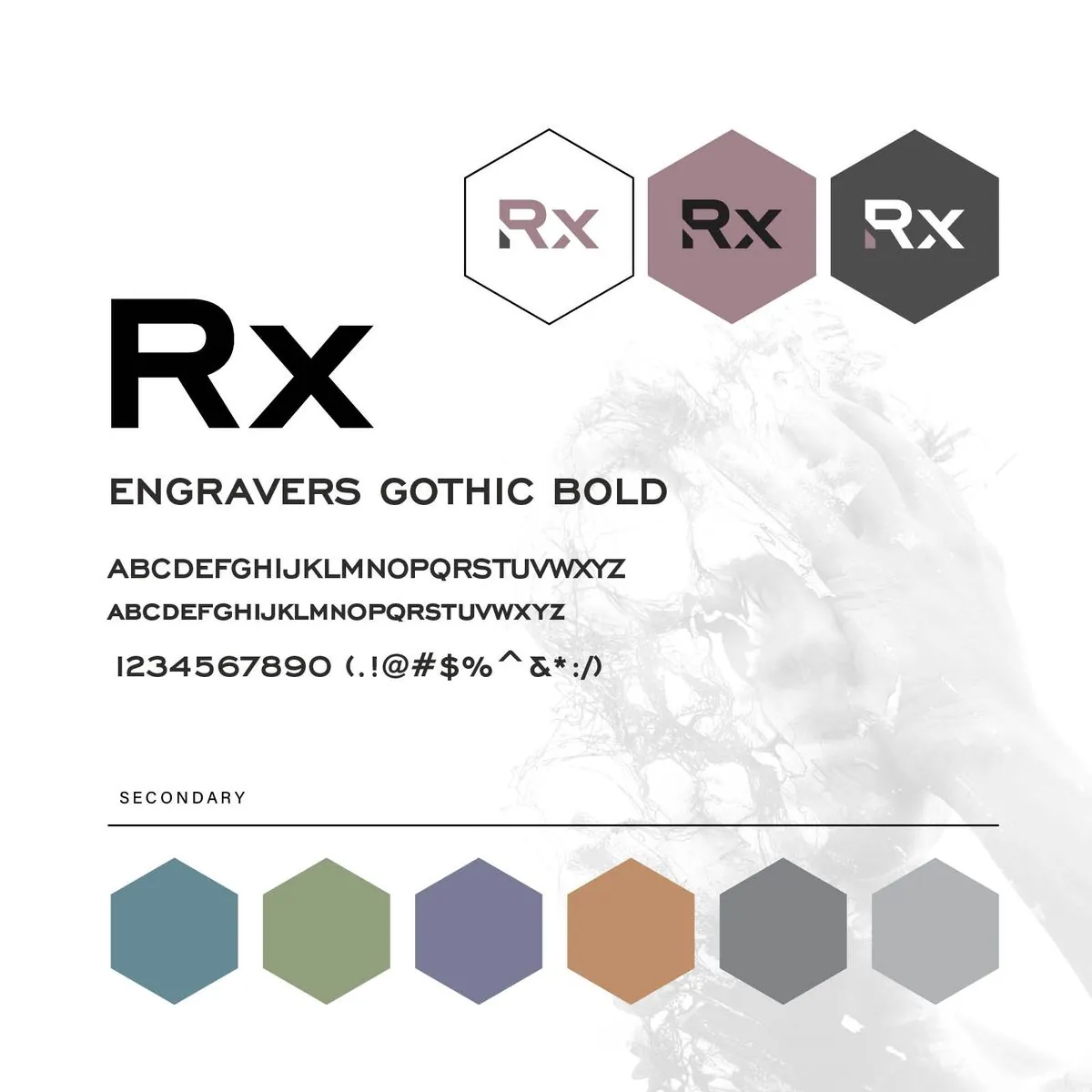Brand typography sheet: Engravers Gothic Bold, Rx icons in hexagons and secondary color swatches