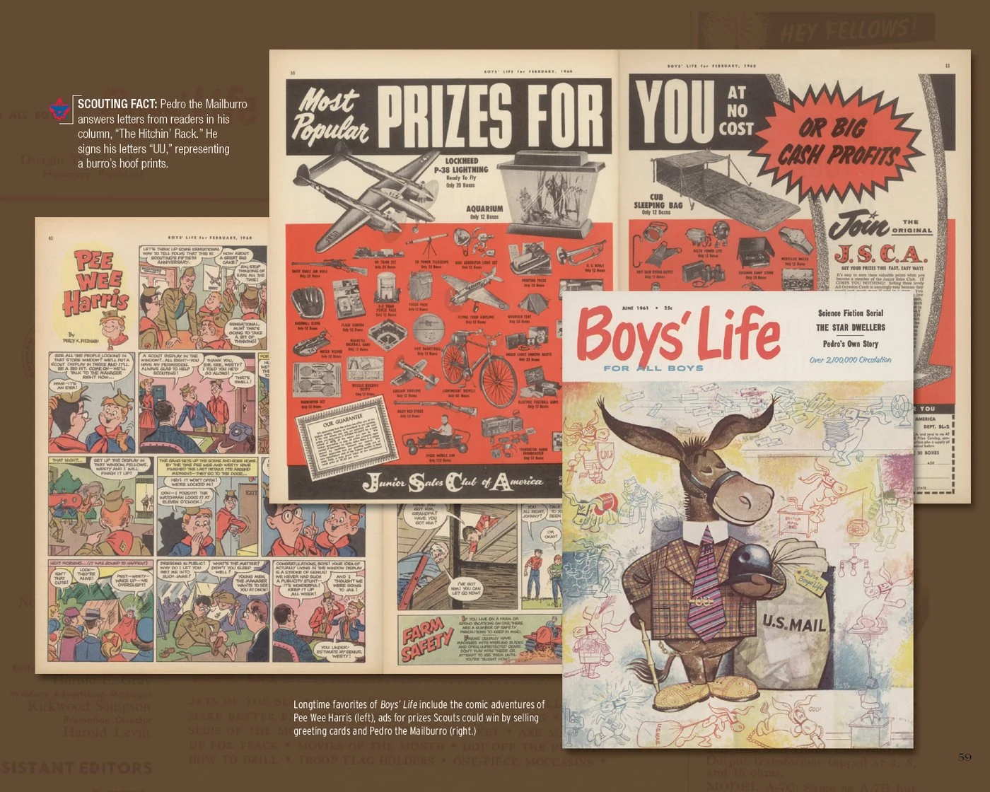 Boys’ Life page with Pee Wee Harris comics, prize ads and Pedro the Mailburro on a 1961 cover