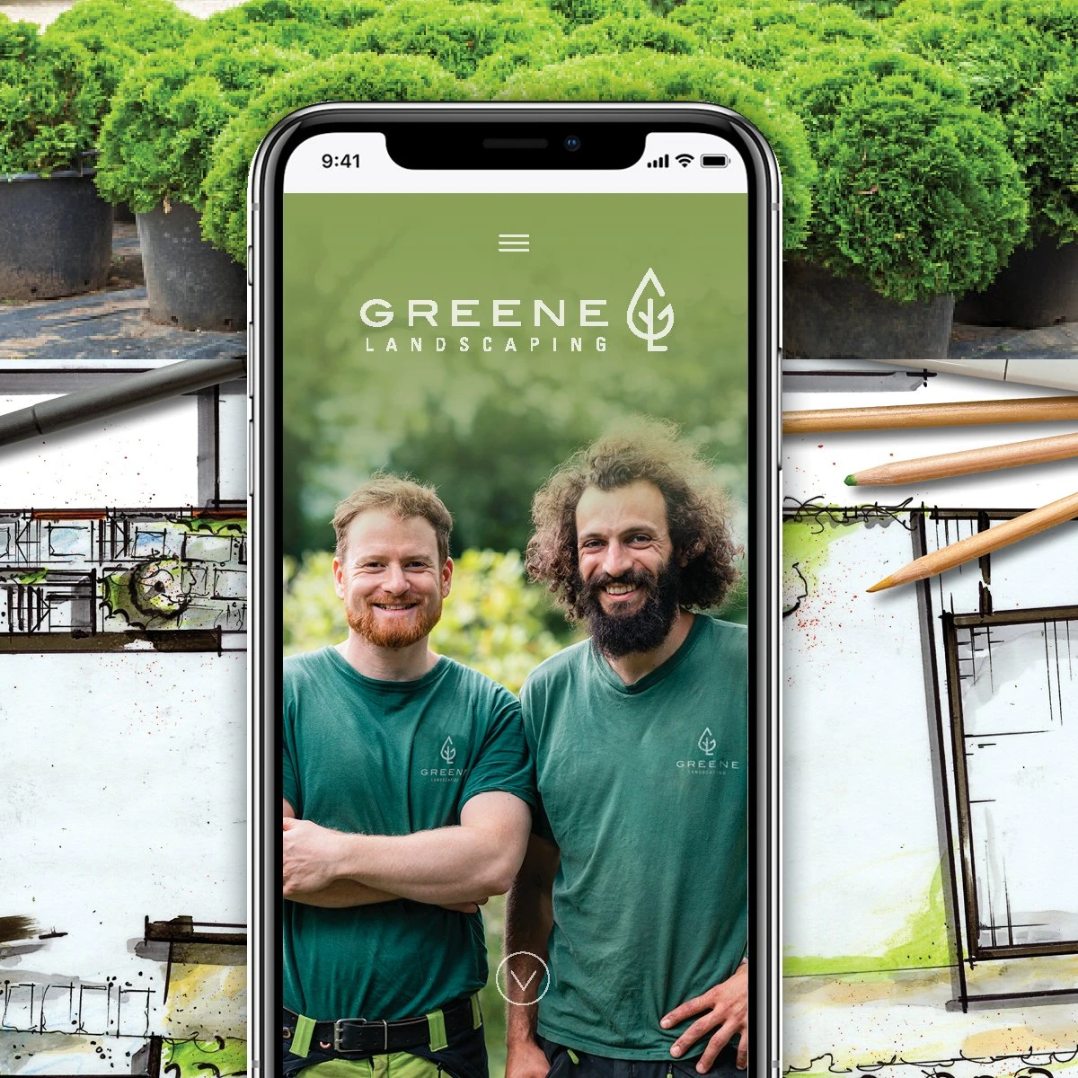 GREENE Landscaping mobile site on a phone over landscape design sketches