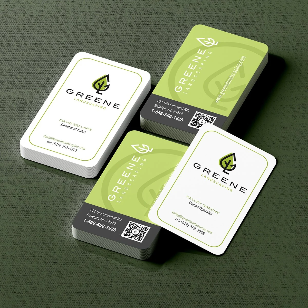 Rounded GREENE Landscaping business cards in white and lime green