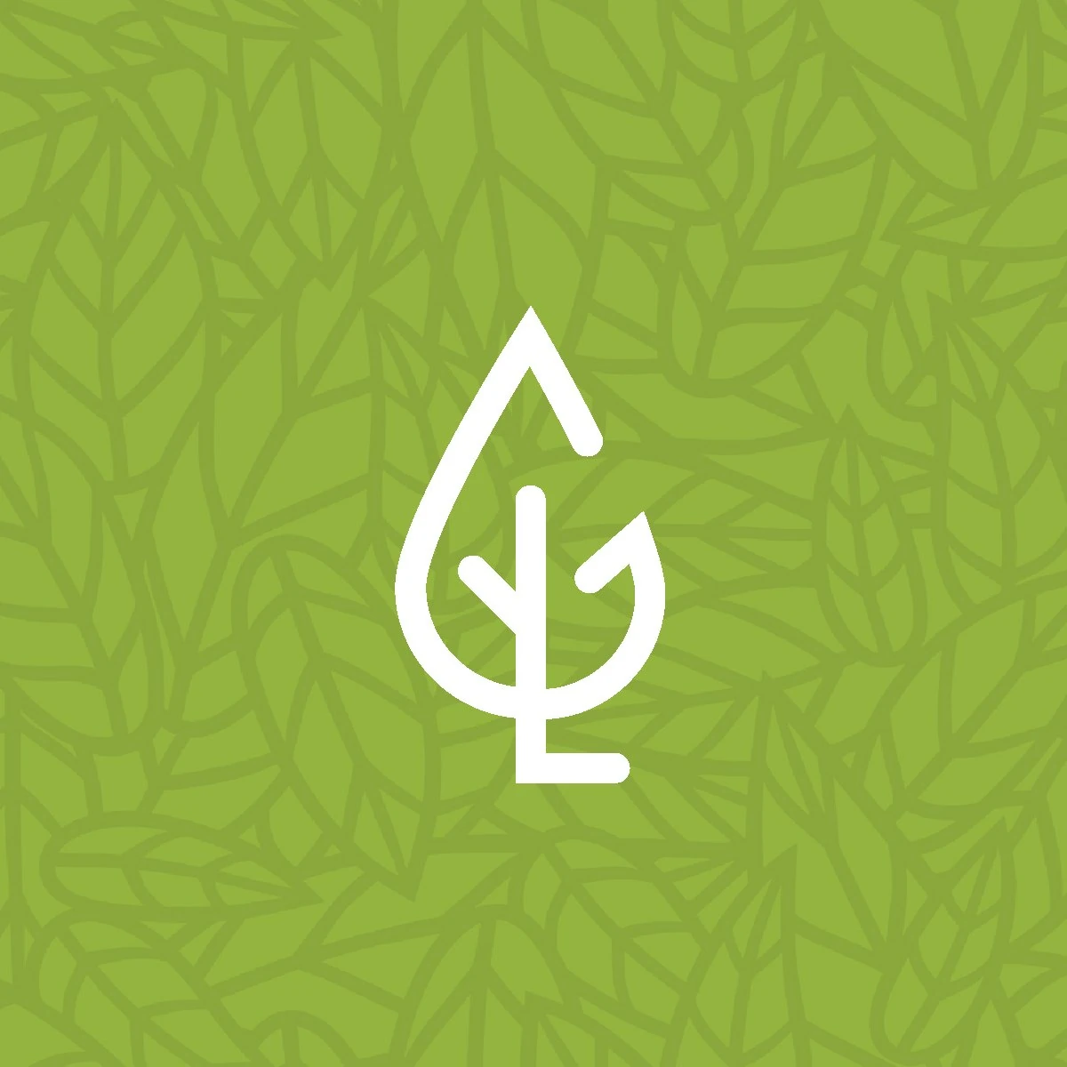 White GREENE leaf mark over a hand-drawn leaf pattern on lime green