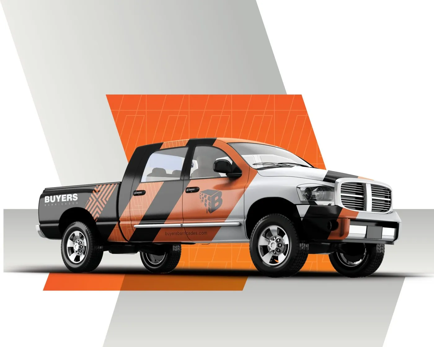 Buyers Barricades pickup truck wrapped in orange, black and white stripes with chevrons and the B mark
