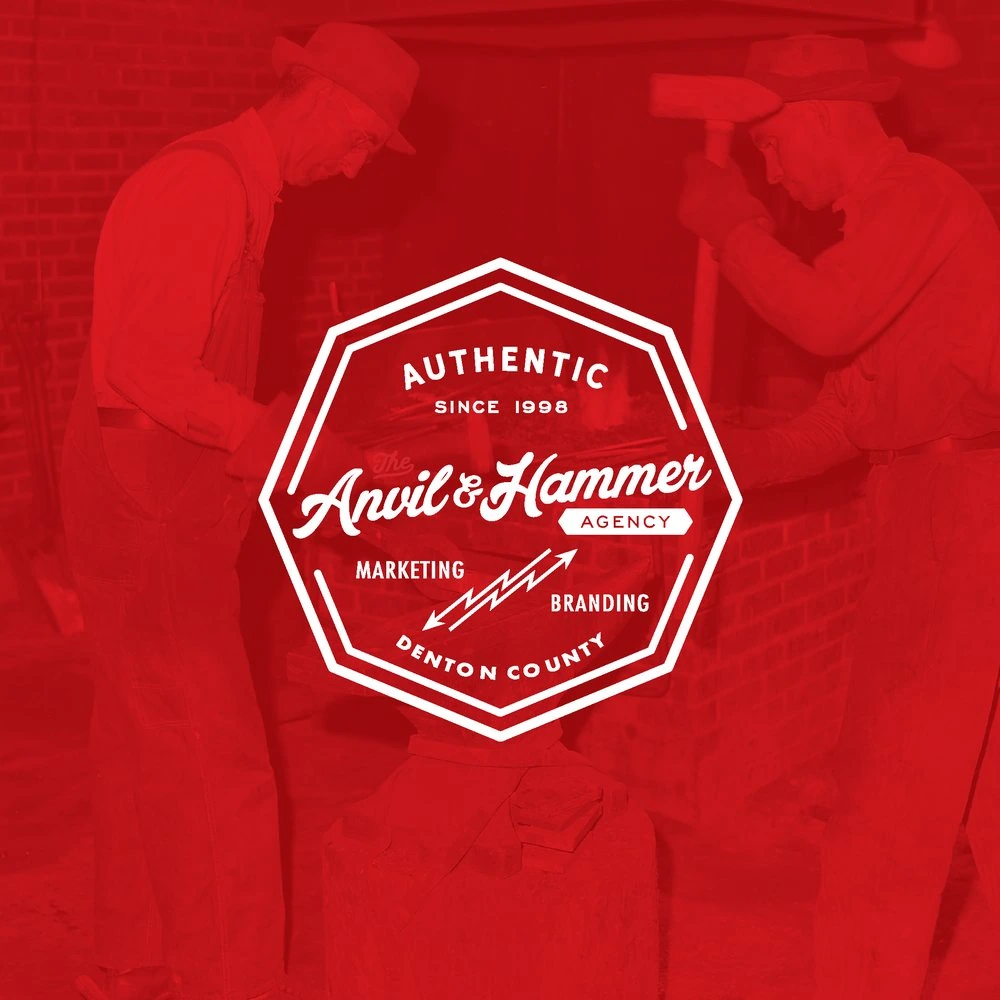 The Anvil & Hammer Agency badge, “Authentic since 1998, Denton County”, over a red-toned photo of two blacksmiths at an anvil