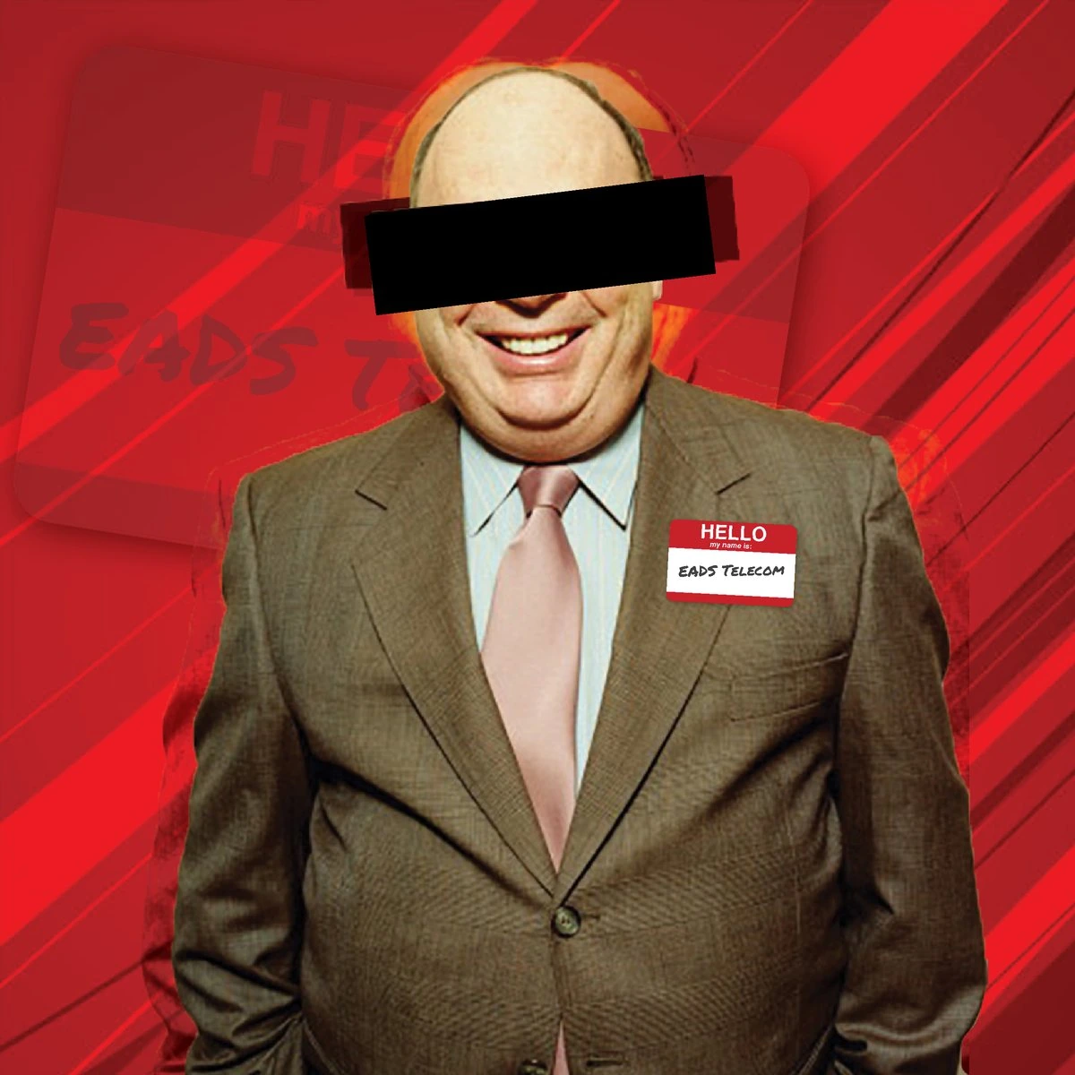 A smiling man in a brown suit, eyes blacked out, wearing an EADS Telecom name tag over red streaks