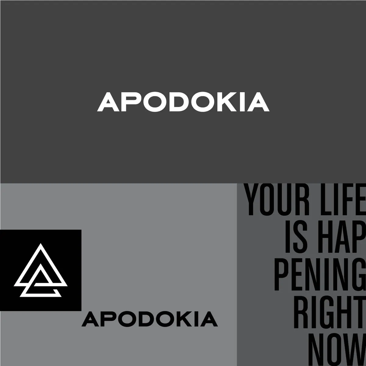 APODOKIA type board: wordmark, mark lockup and the headline “Your life is happening right now” in condensed type