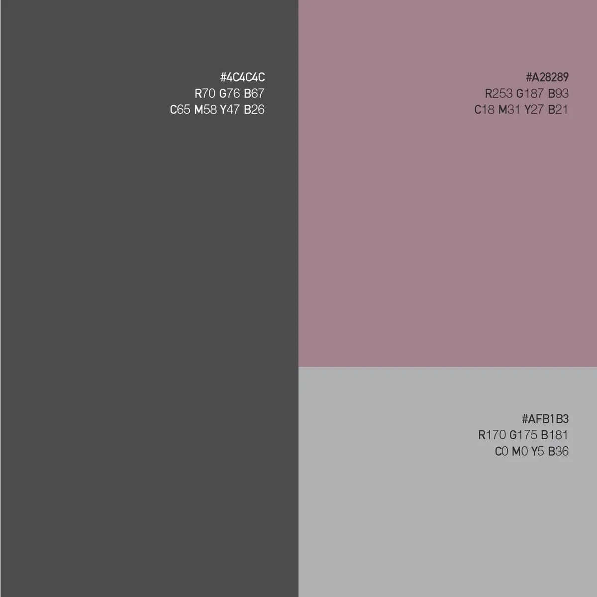 Primary color palette: graphite #4C4C4C, mauve #A28289 and silver #AFB1B3