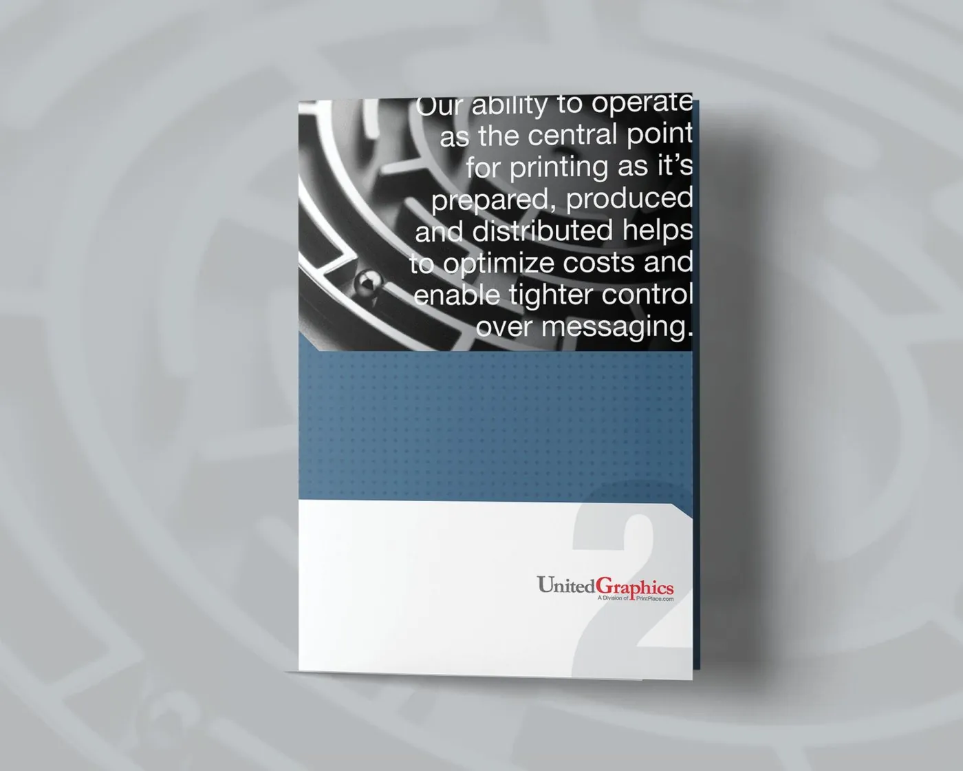 Blue United Graphics pocket folder with a maze photo and the same headline