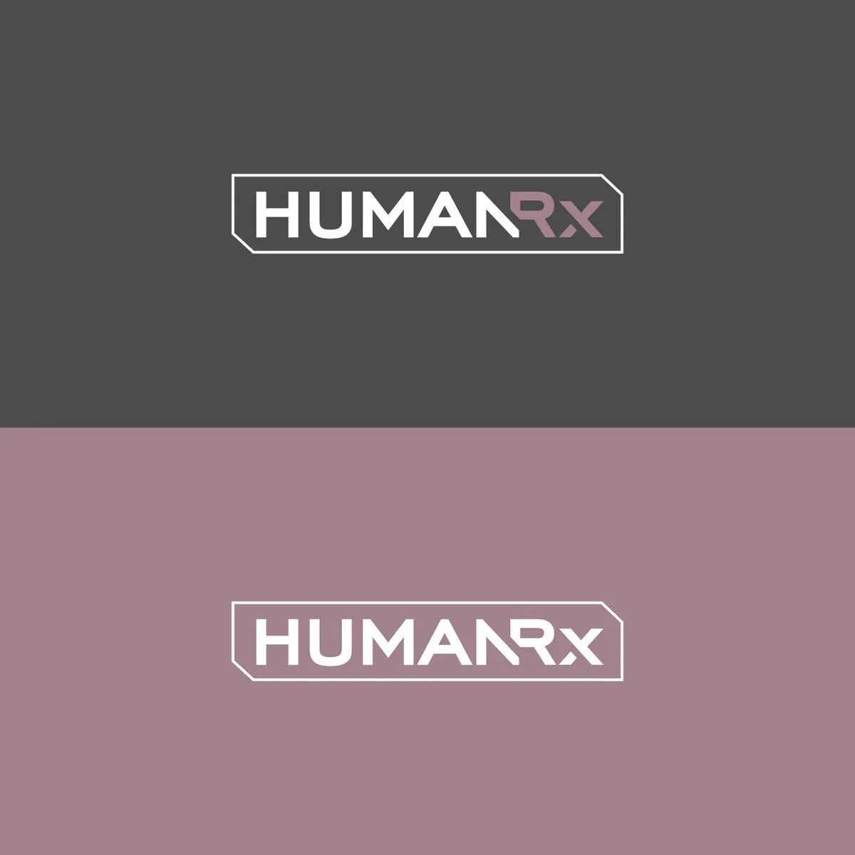 HumanRX logo reversed in white on graphite and on mauve