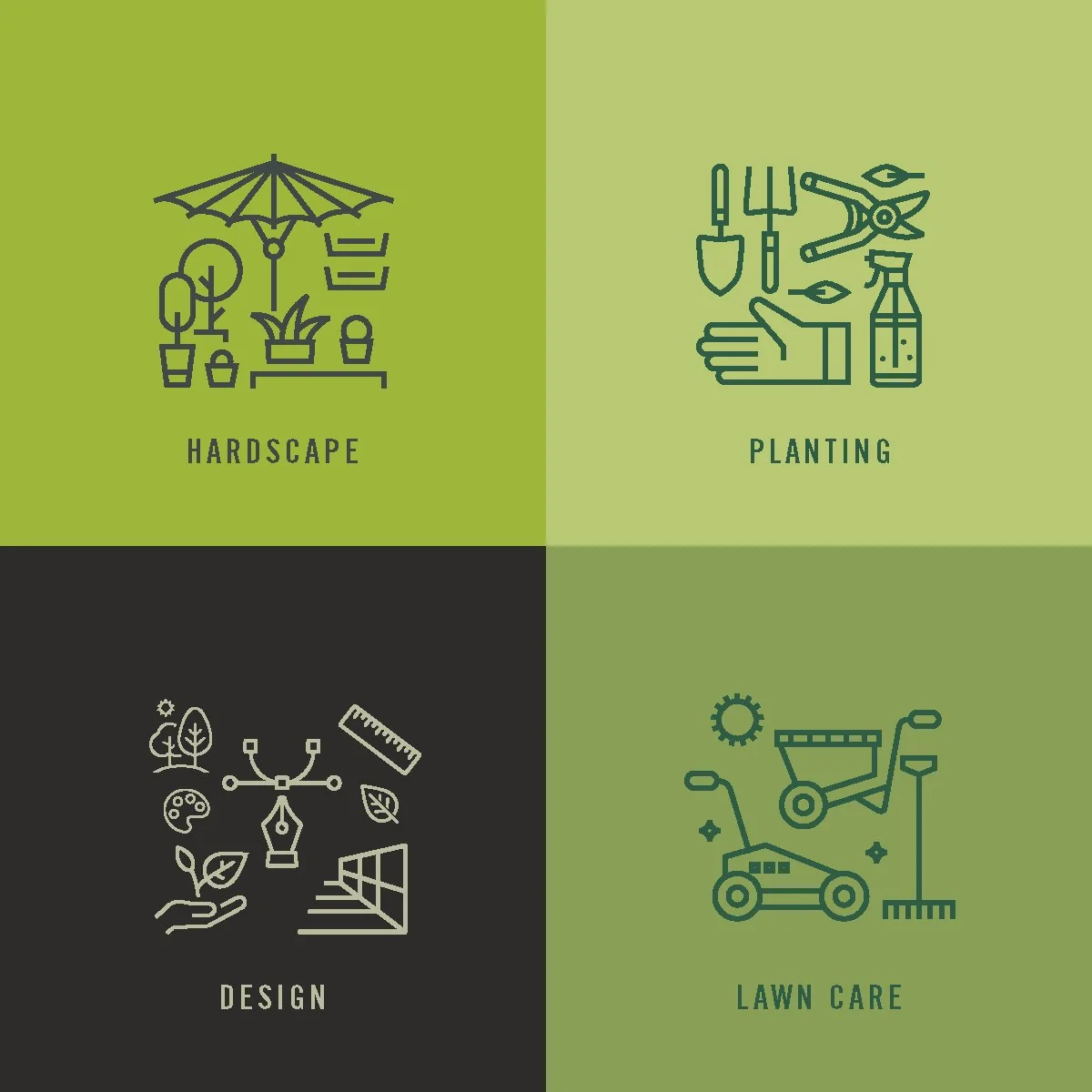 Four GREENE service icons, Hardscape, Planting, Design and Lawn Care, on green and charcoal tiles