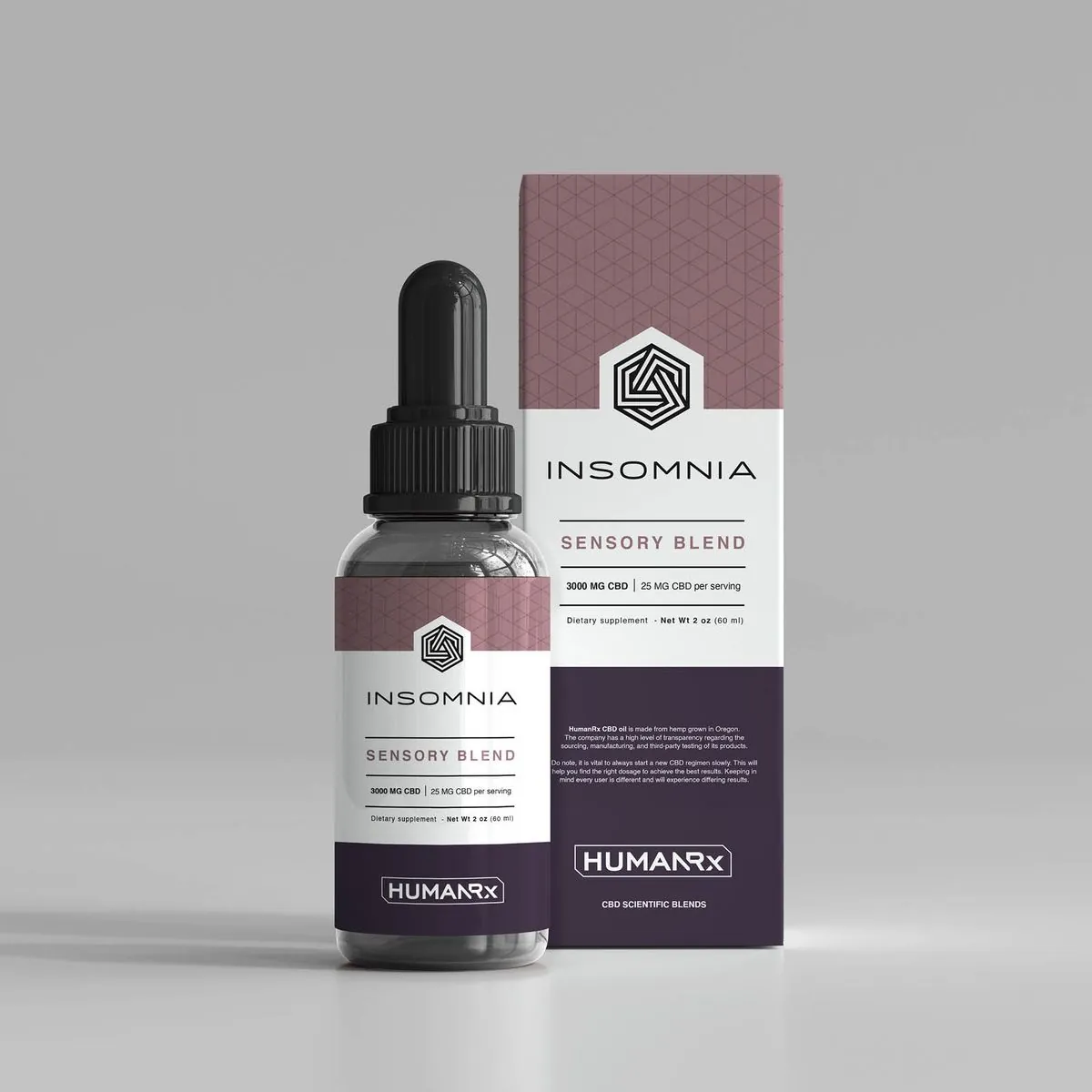 Mauve and plum Insomnia sensory blend bottle and box