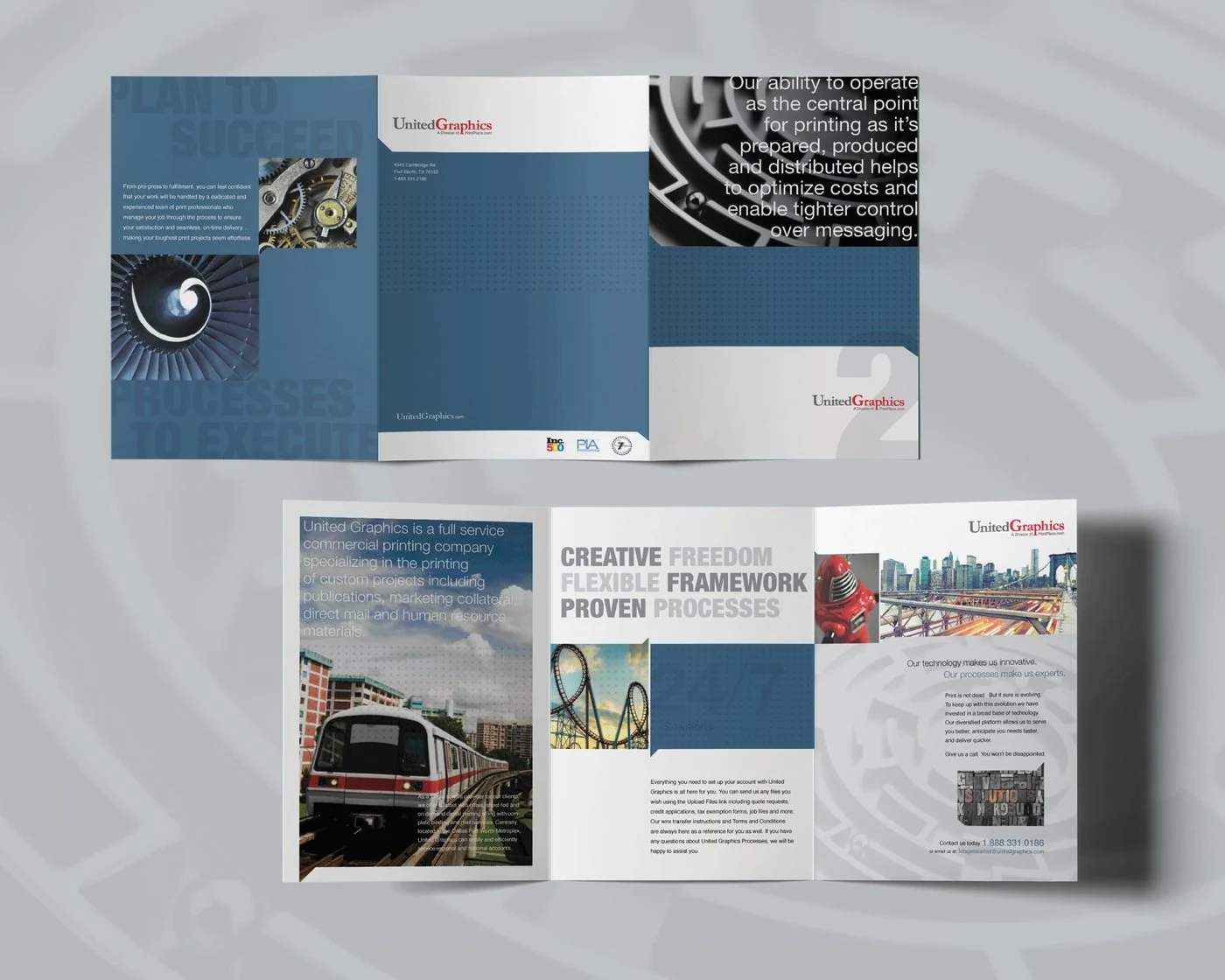 The blue folder laid flat, outside and inside, with the train panel and “Creative freedom, flexible framework, proven processes”