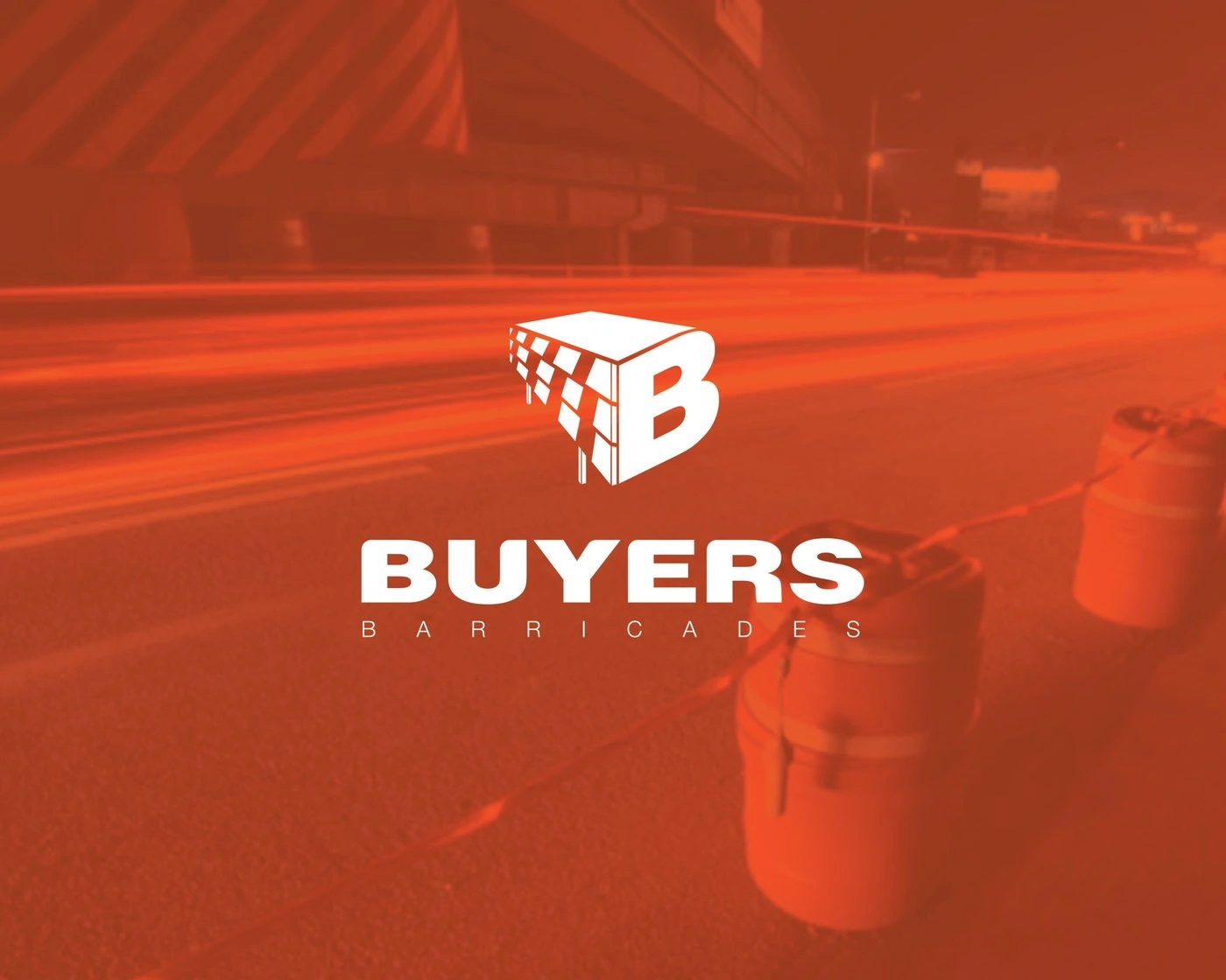 White Buyers Barricades logo over an orange-toned photo of a highway work zone at night with light trails and barrels
