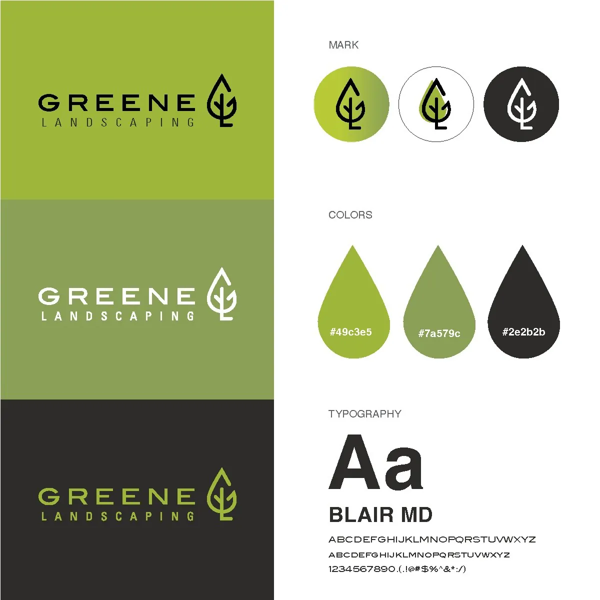 GREENE Landscaping brand board: logo lockups on lime, sage and charcoal, three badge marks, color drops and Blair MD typography