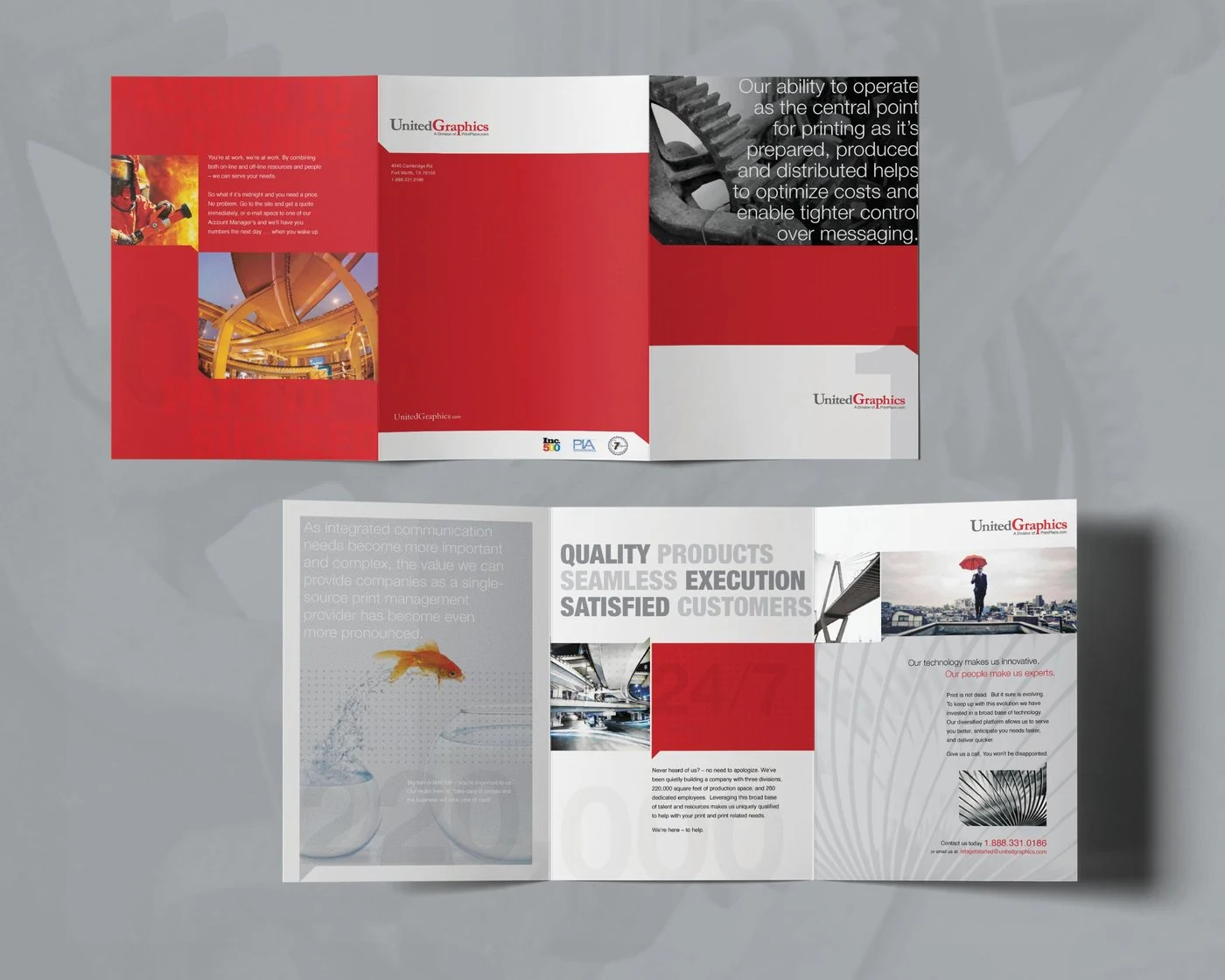 The red folder laid flat, outside and inside, with the goldfish panel and “Quality products, seamless execution, satisfied customers”