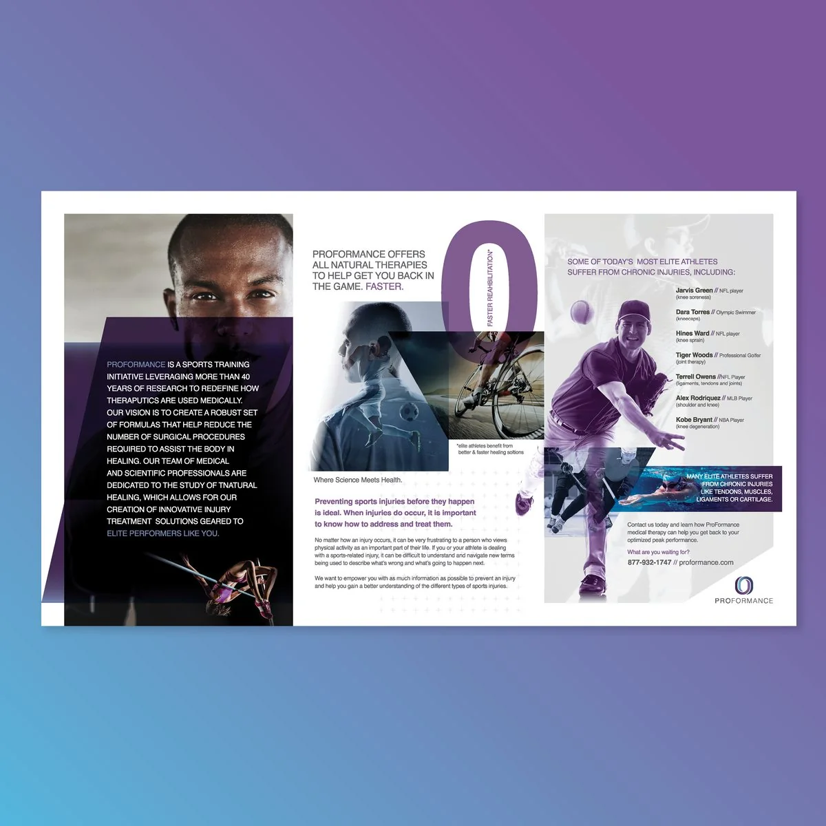 The full ProFormance trifold brochure laid open on a cyan-to-purple gradient