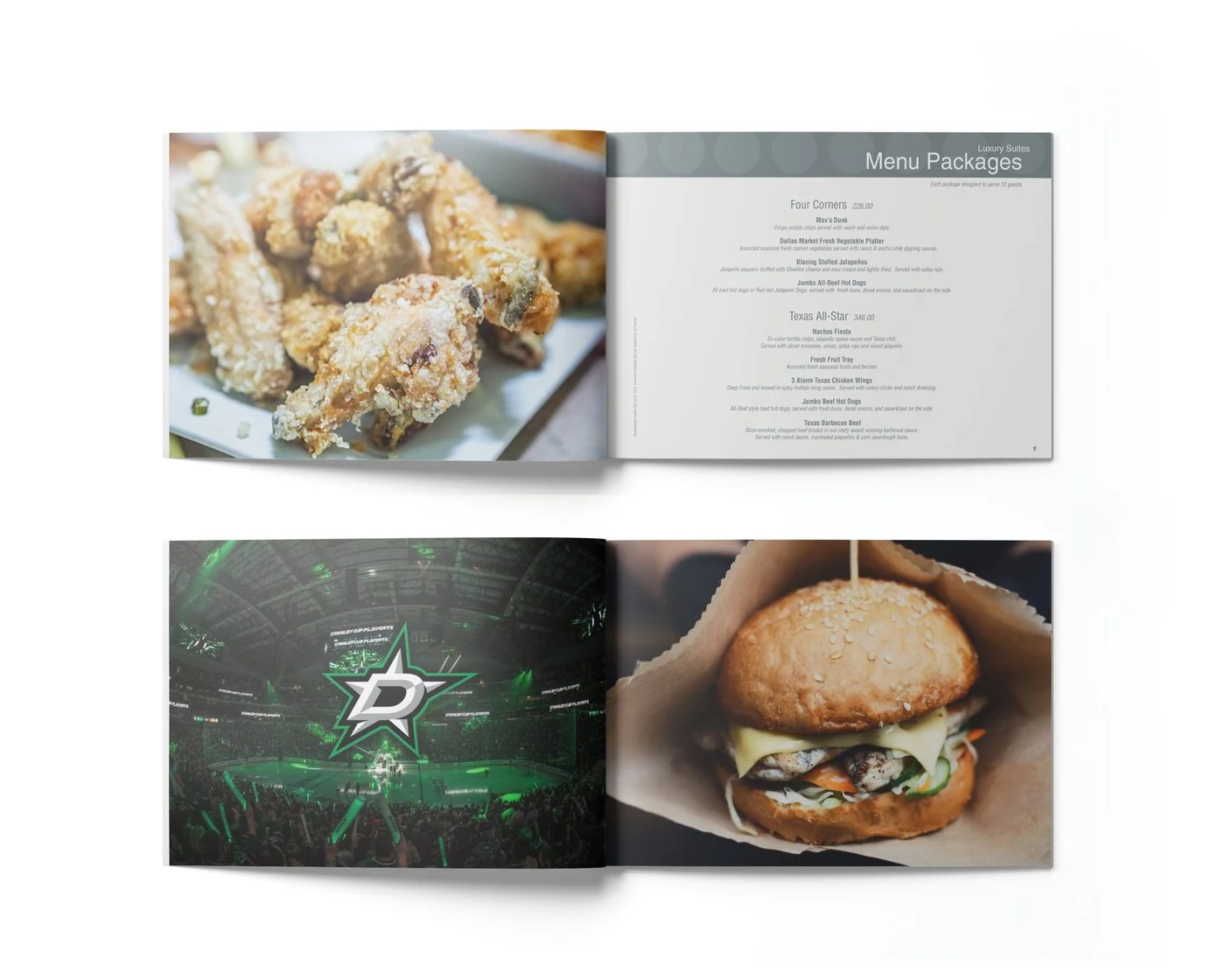 Menu spreads: crispy wings beside the Menu Packages page, and the Dallas Stars arena beside a gourmet burger
