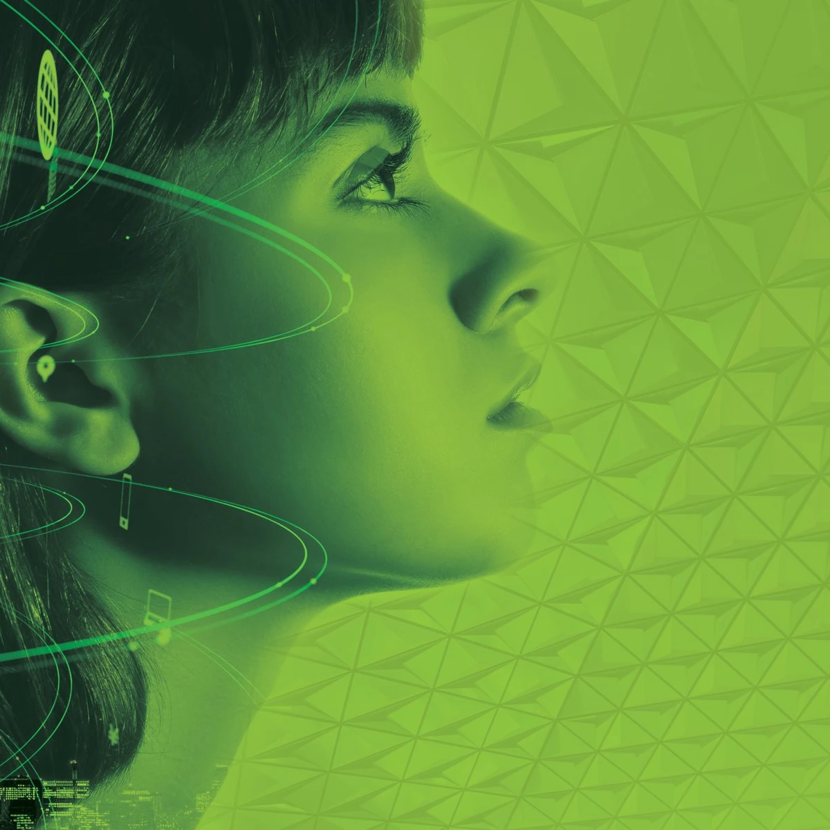 Green-toned profile of a woman encircled by orbiting signal lines and device icons over a triangle pattern