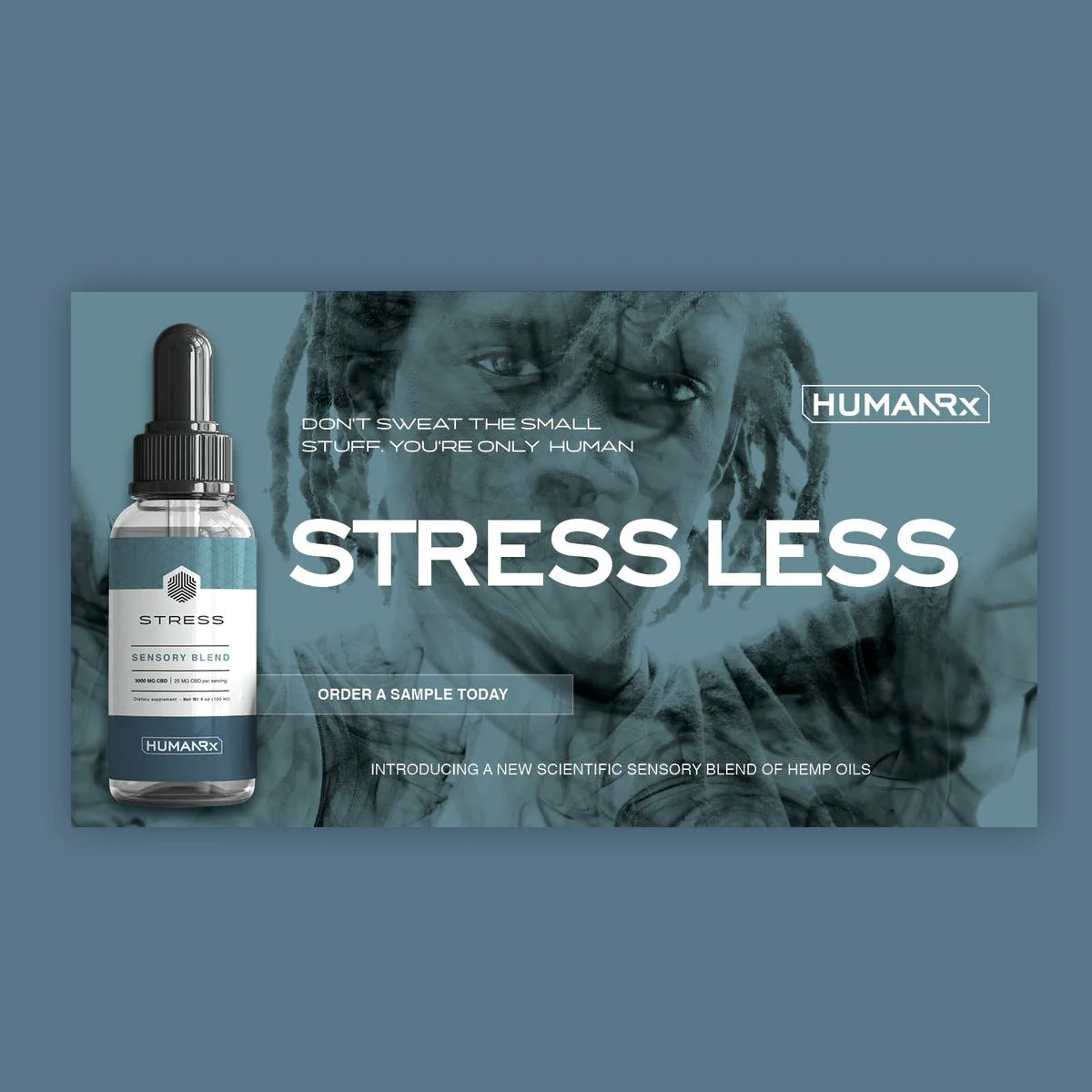 Teal “Stress Less” banner ad with the Stress blend bottle