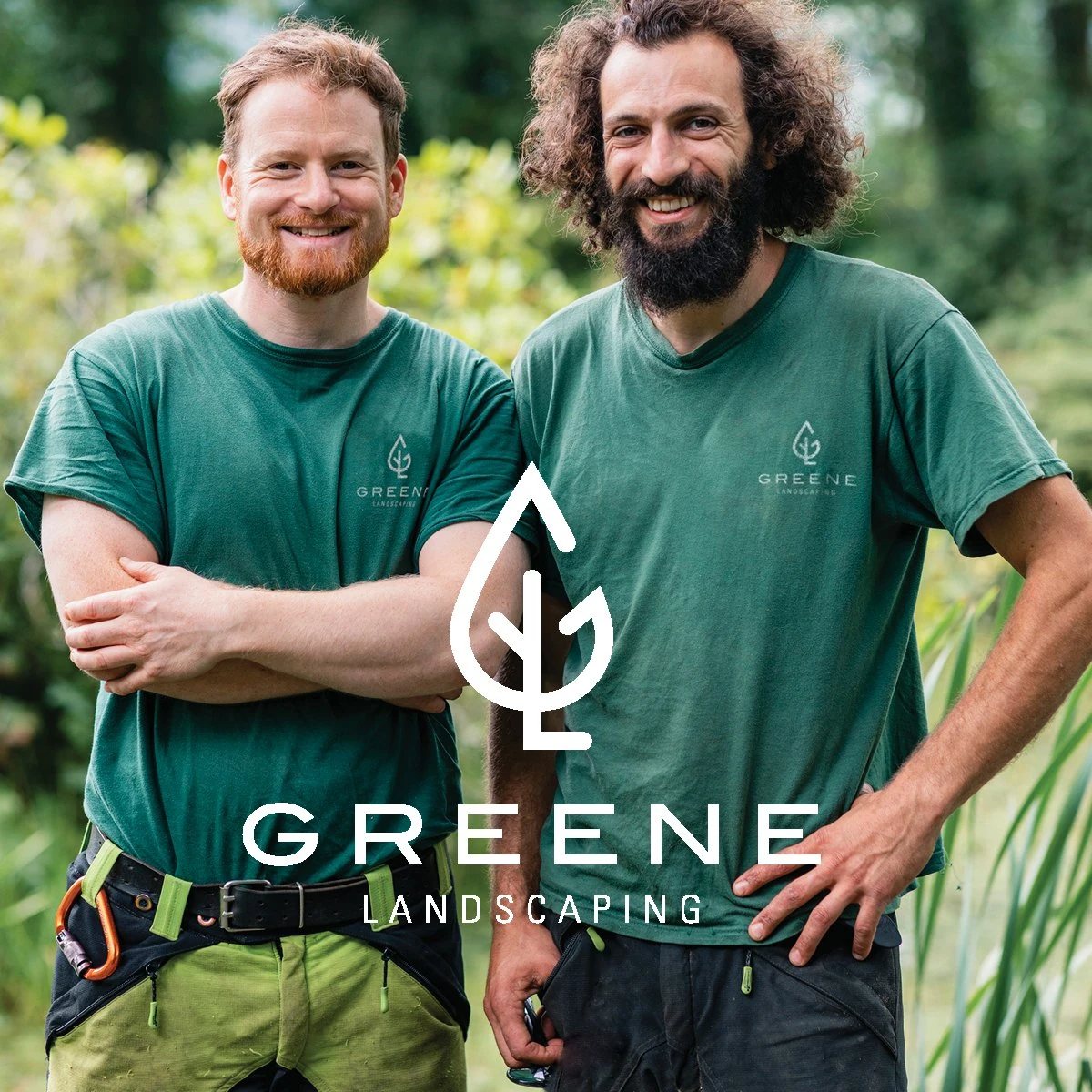 Two smiling GREENE crew members in green tees, with the white GREENE logo