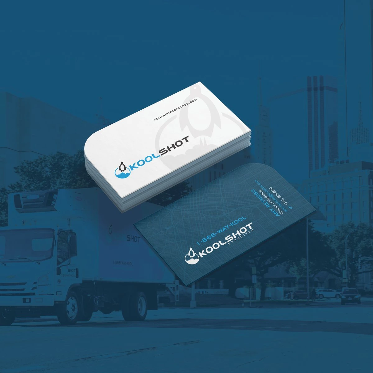 Rounded KoolShot business cards in white and navy with a street-map pattern and 1-866-WAY-KOOL
