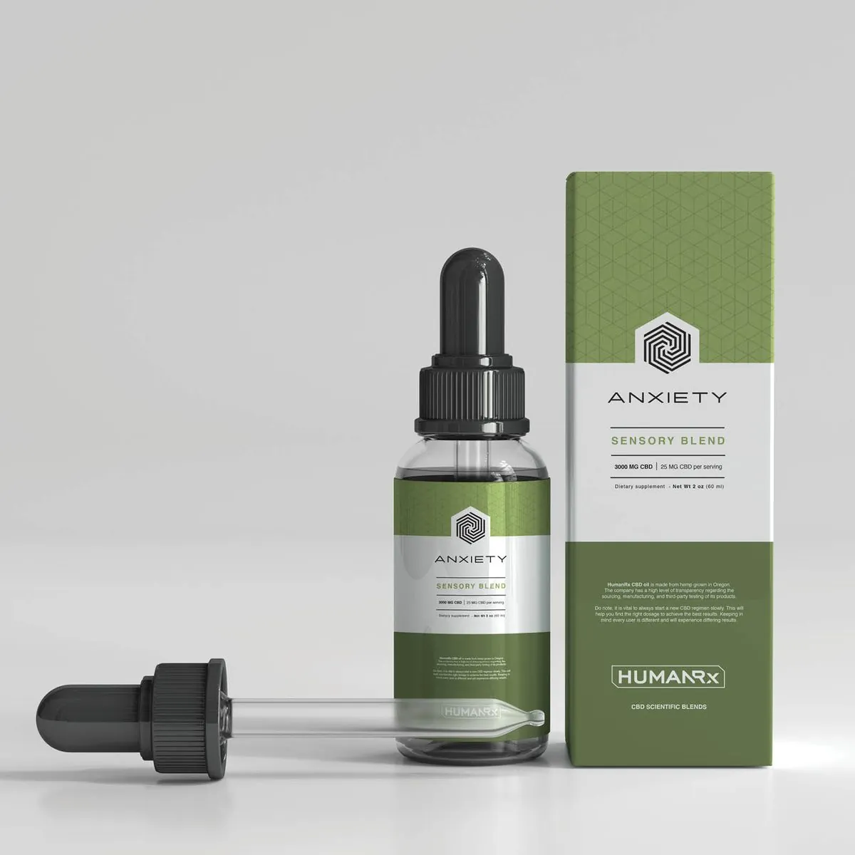 Green Anxiety sensory blend bottle and box