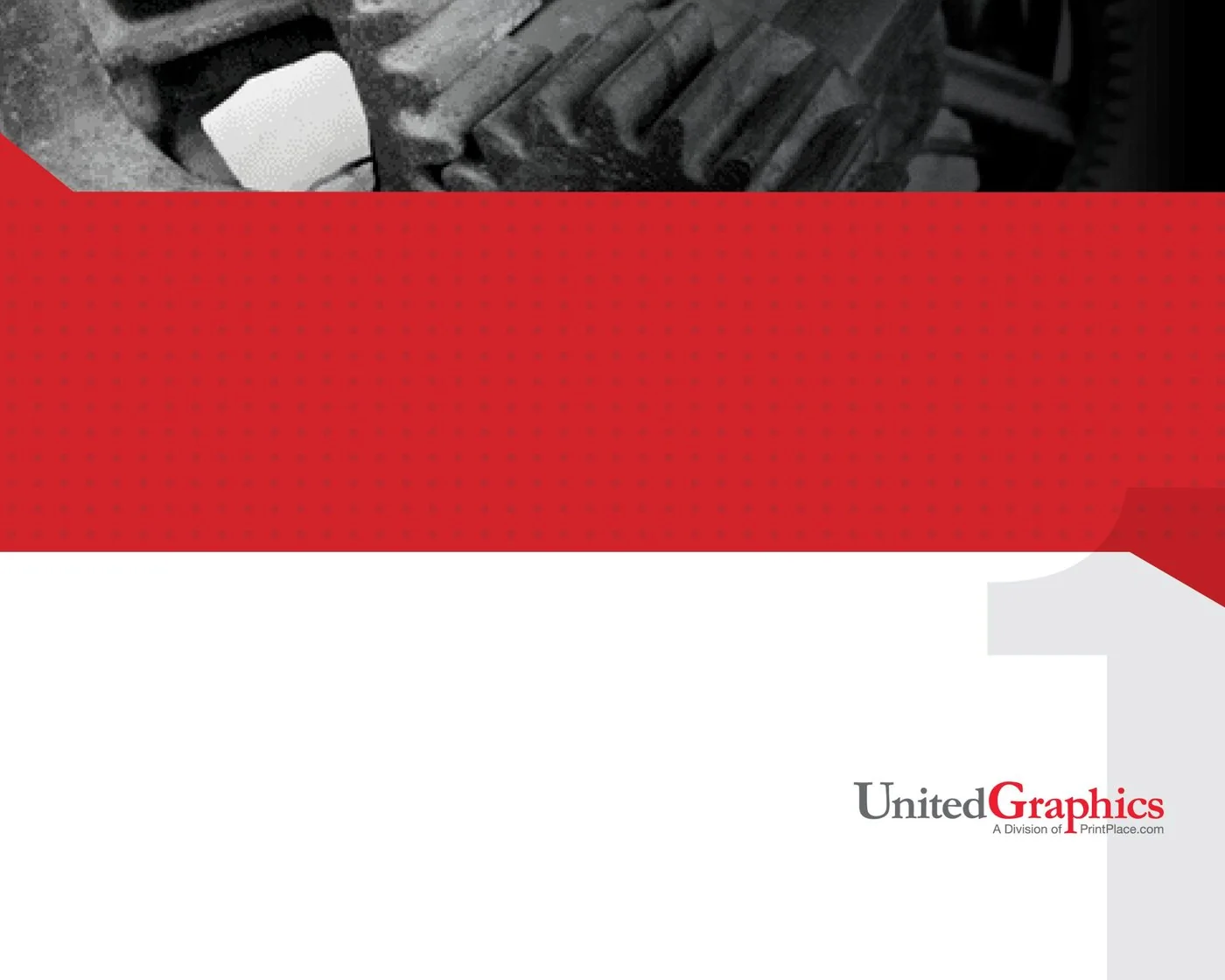 Flat front of the red folder: gears, a dotted red band and a large numeral 1 behind the logo