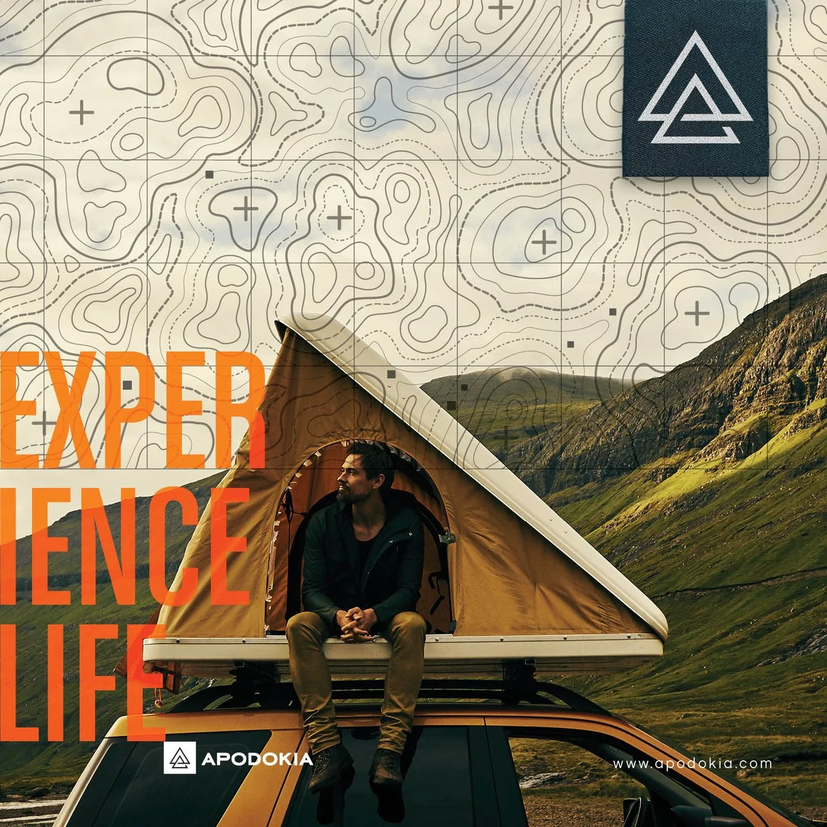 APODOKIA “Experience Life” brand graphic: a man sitting in a rooftop tent above green mountains, under a topographic map pattern