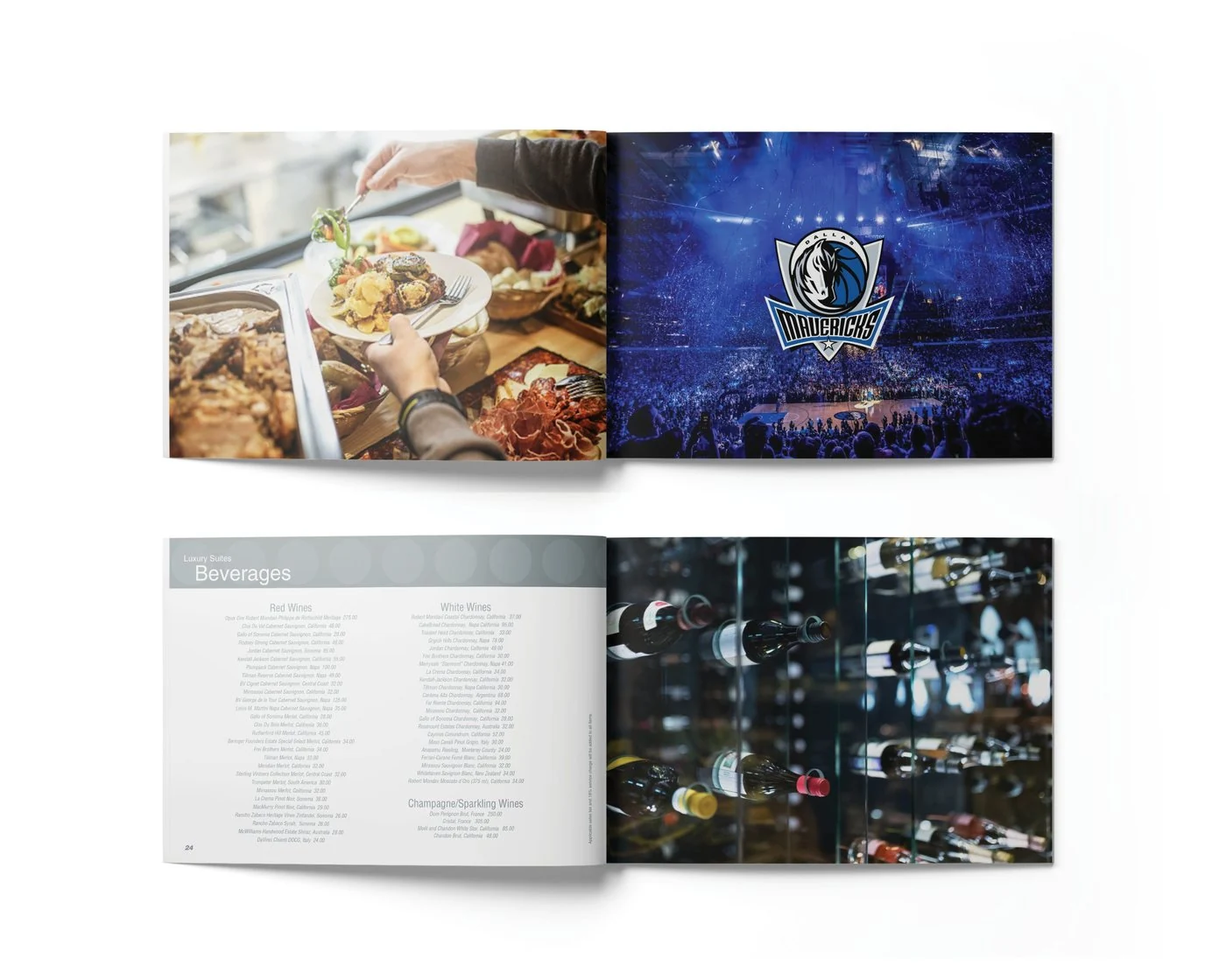 Menu spreads: a buffet beside the Dallas Mavericks arena, and the Beverages wine list beside a lit wine wall