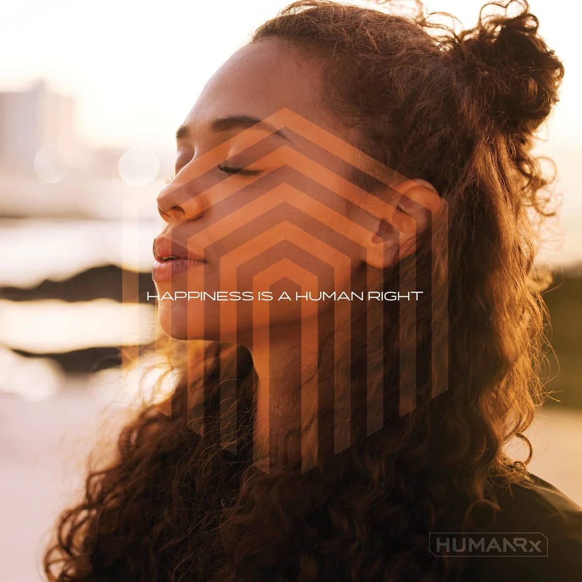 Woman in golden light with the Depression icon and “Happiness is a human right”