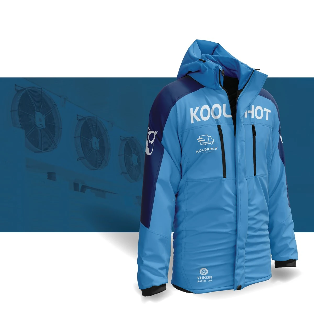 Blue KoolShot freezer jacket with a KoldKrew patch and a Yukon -25 rating, in front of refrigeration fans
