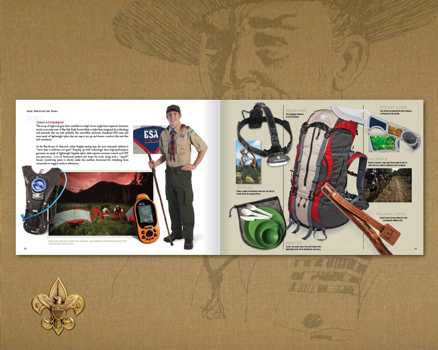 2010 gear spread: a Scout in today’s uniform, with a headlamp, backpack, GPS and centennial knife