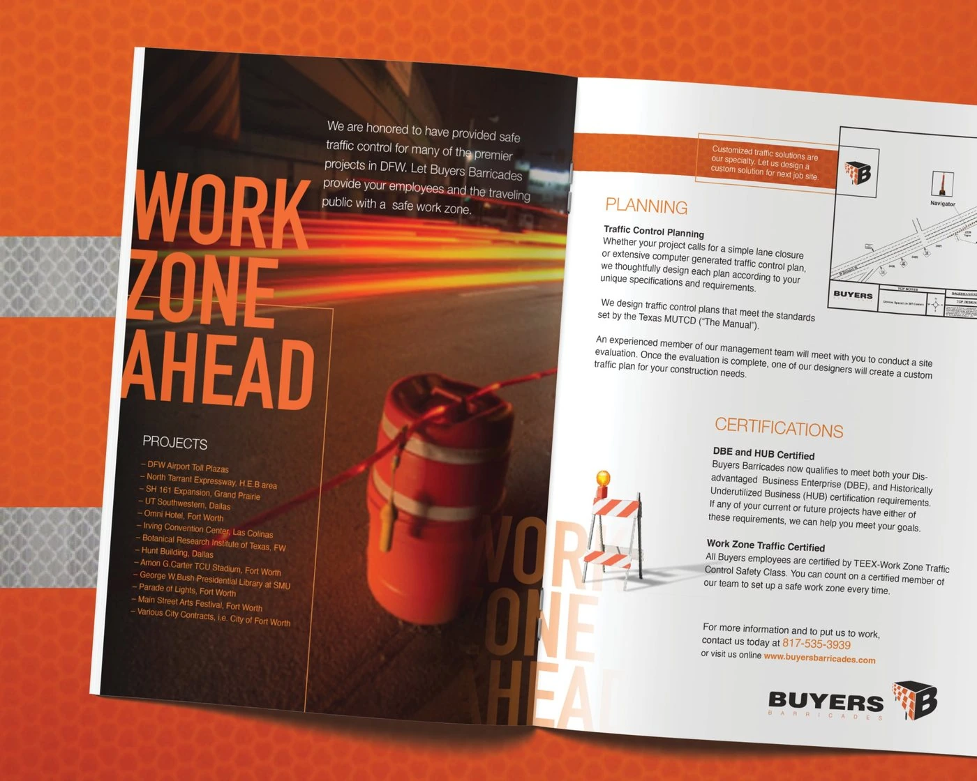 Brochure spread “Work Zone Ahead” listing DFW projects, with planning and certification details