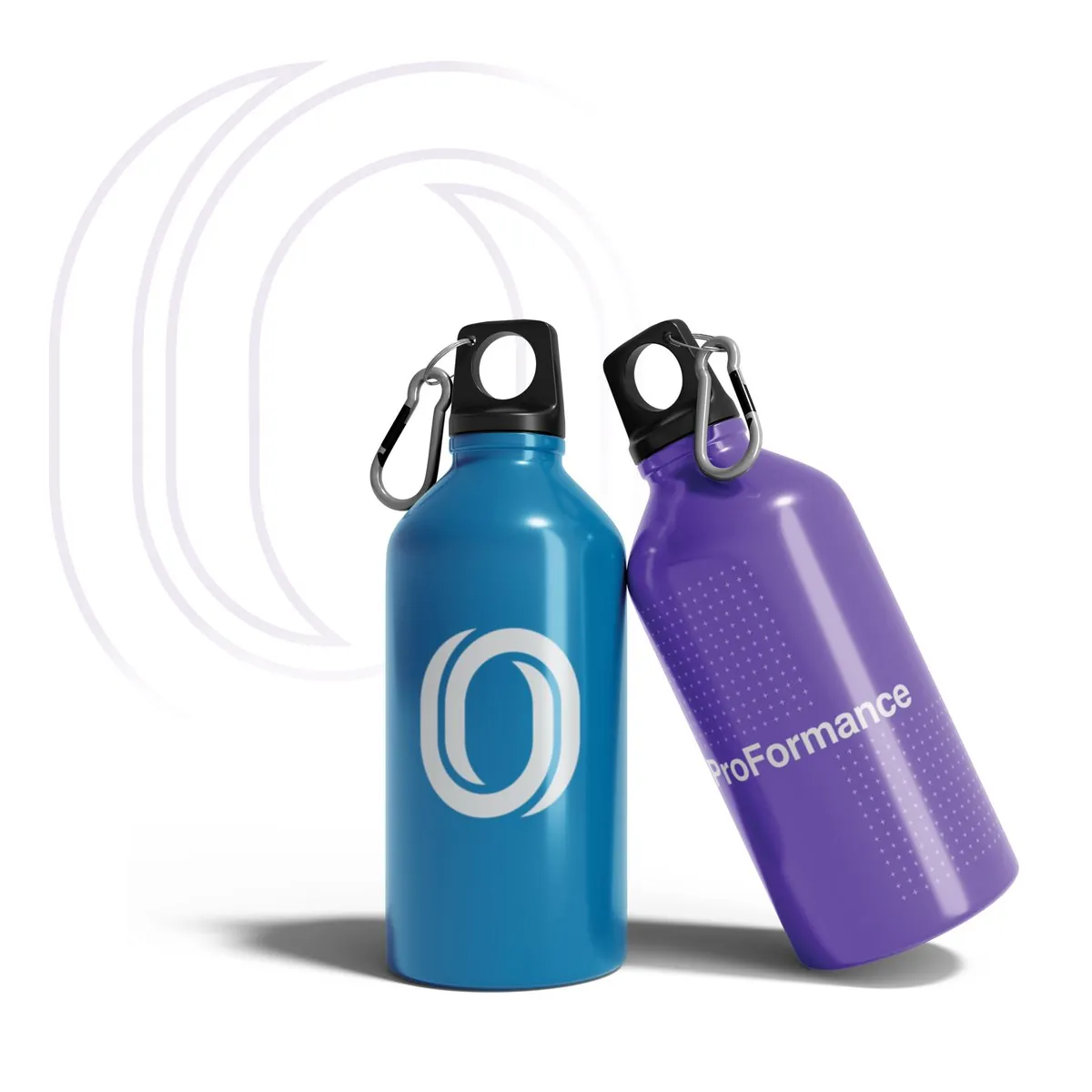 Cyan and purple ProFormance water bottles, one with the white O mark and one with the wordmark over a plus-sign pattern