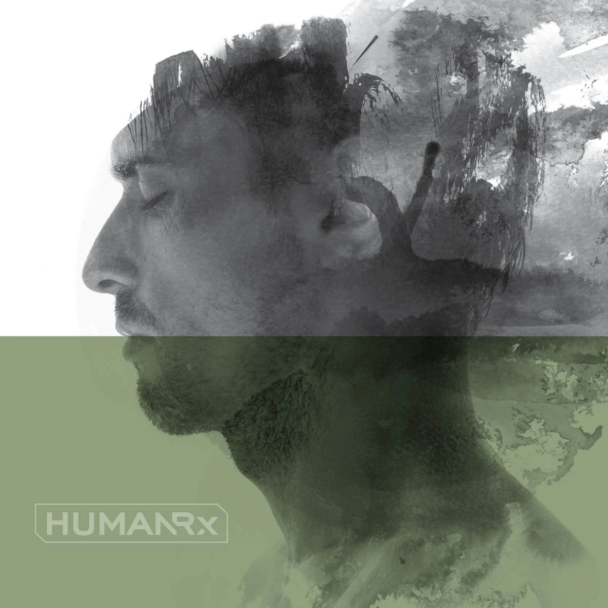 Double-exposure portrait of a man in profile, split with a green band and the HumanRX logo