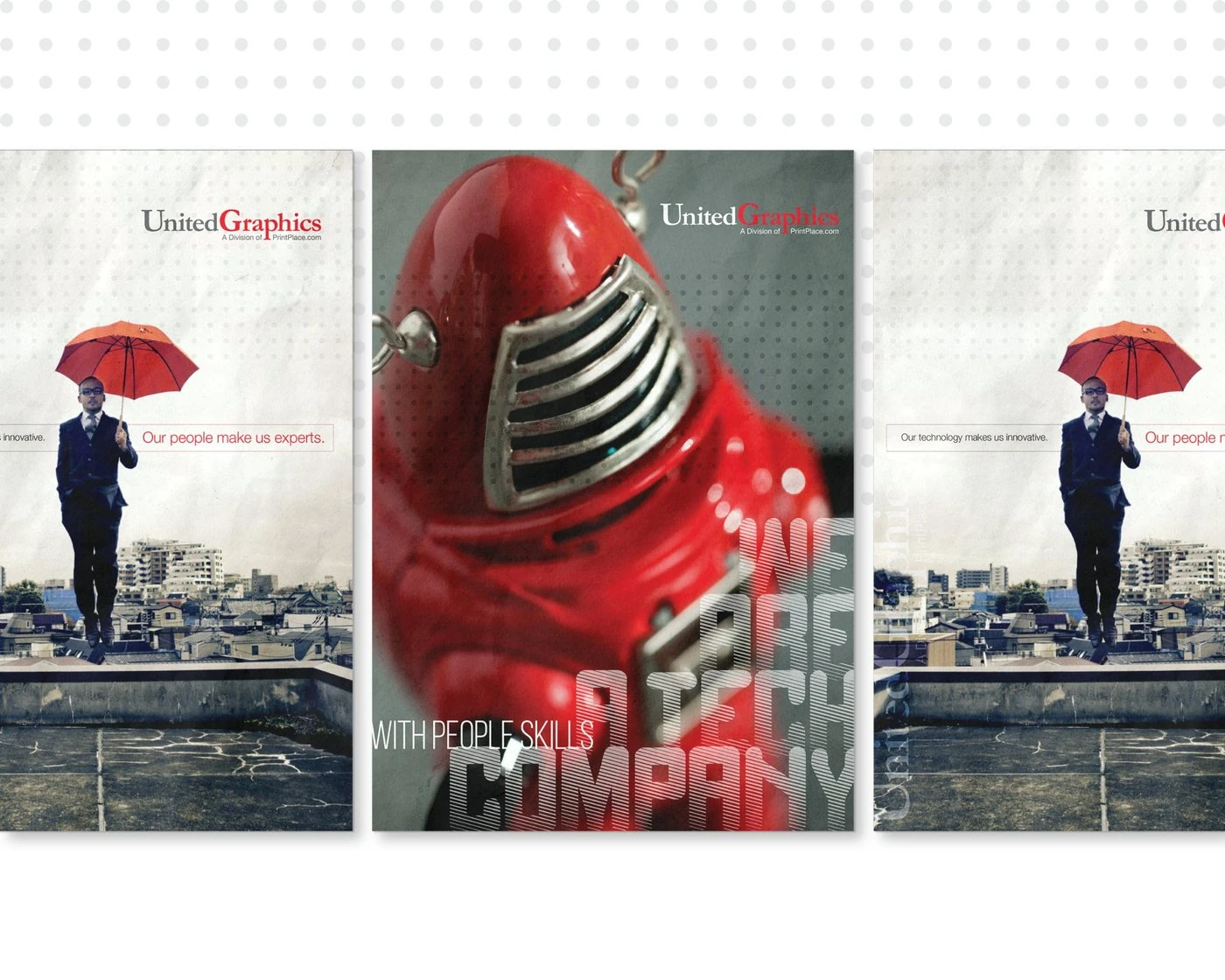 Three United Graphics posters: the floating man with the red umbrella and the red robot