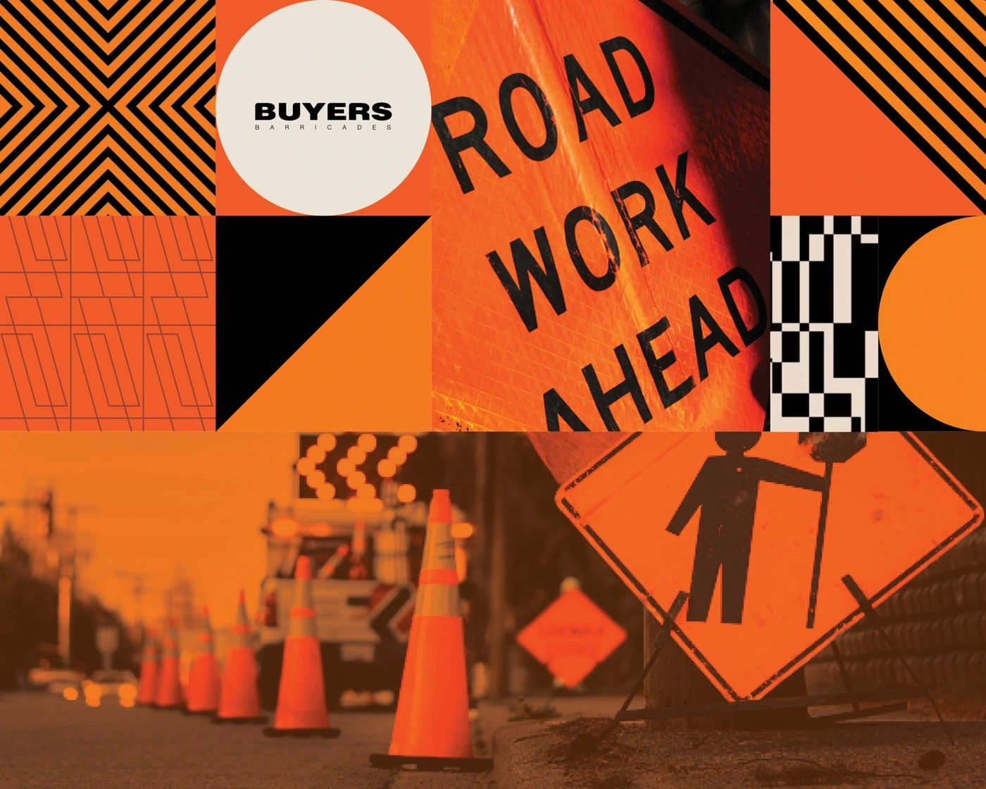 Buyers Barricades pattern collage: chevrons, line patterns, a Road Work Ahead sign and cones in orange tones