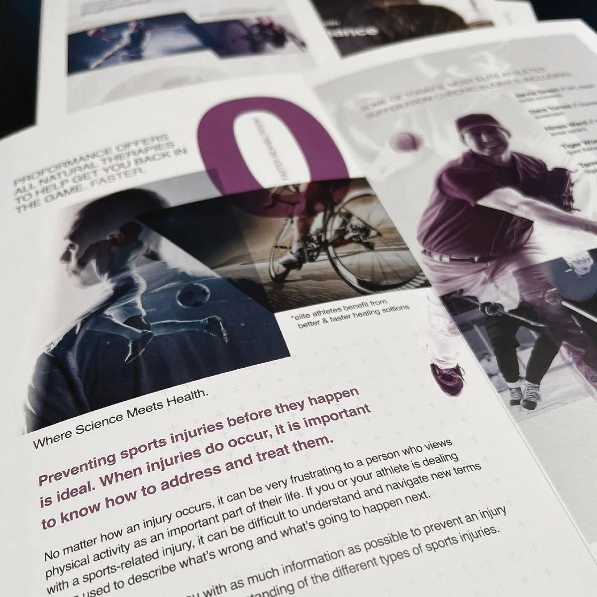 Close-up photo of the printed brochure with “Preventing sports injuries before they happen…” in purple