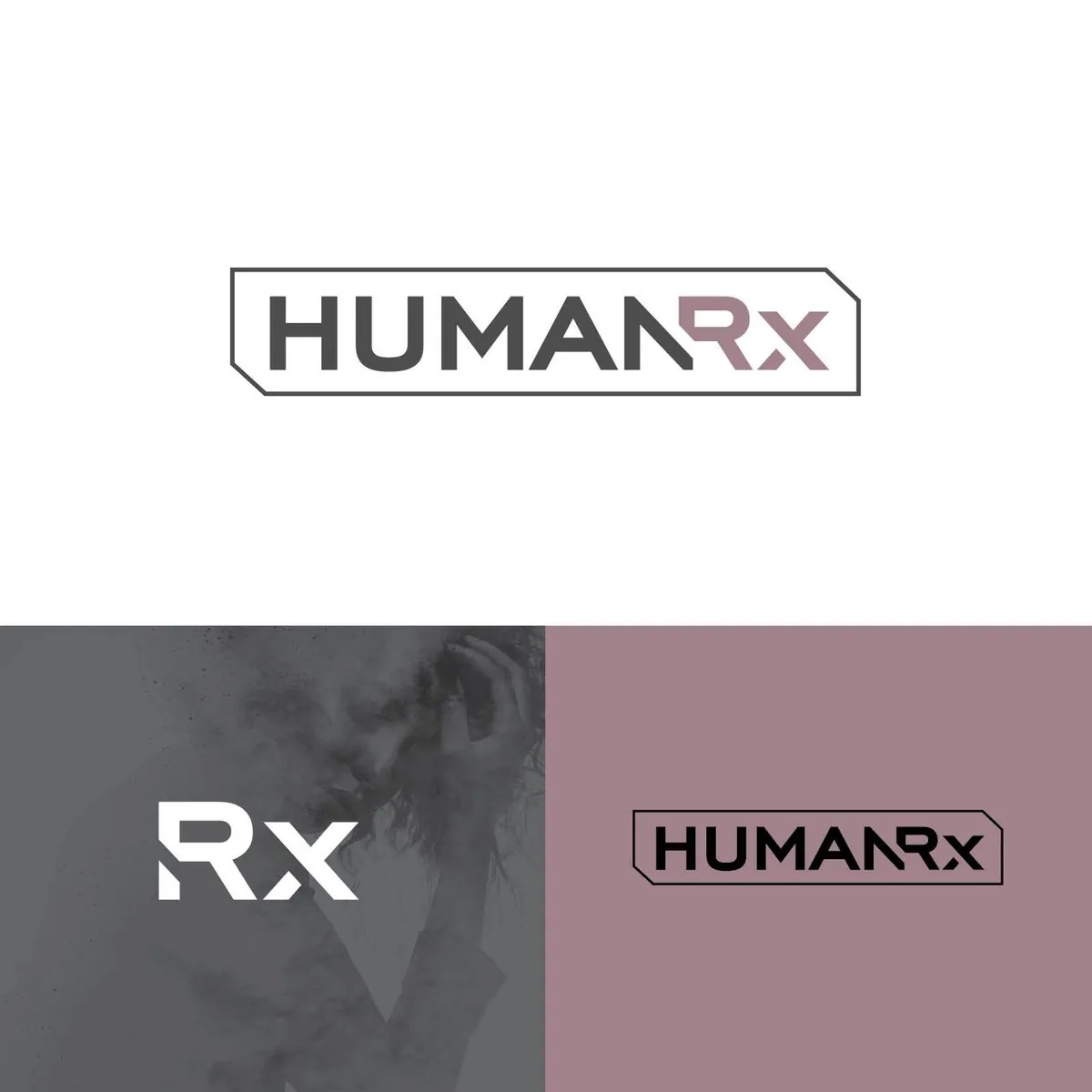 HumanRX logo in graphite and mauve, with the Rx icon on gray and a one-color version on mauve