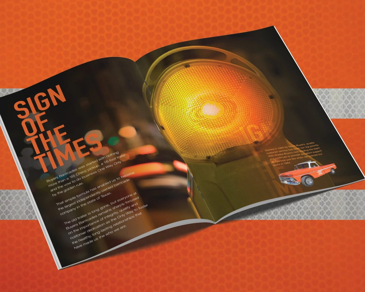 Brochure spread “Sign of the Times” with an amber warning lamp and a vintage orange Chevy pickup