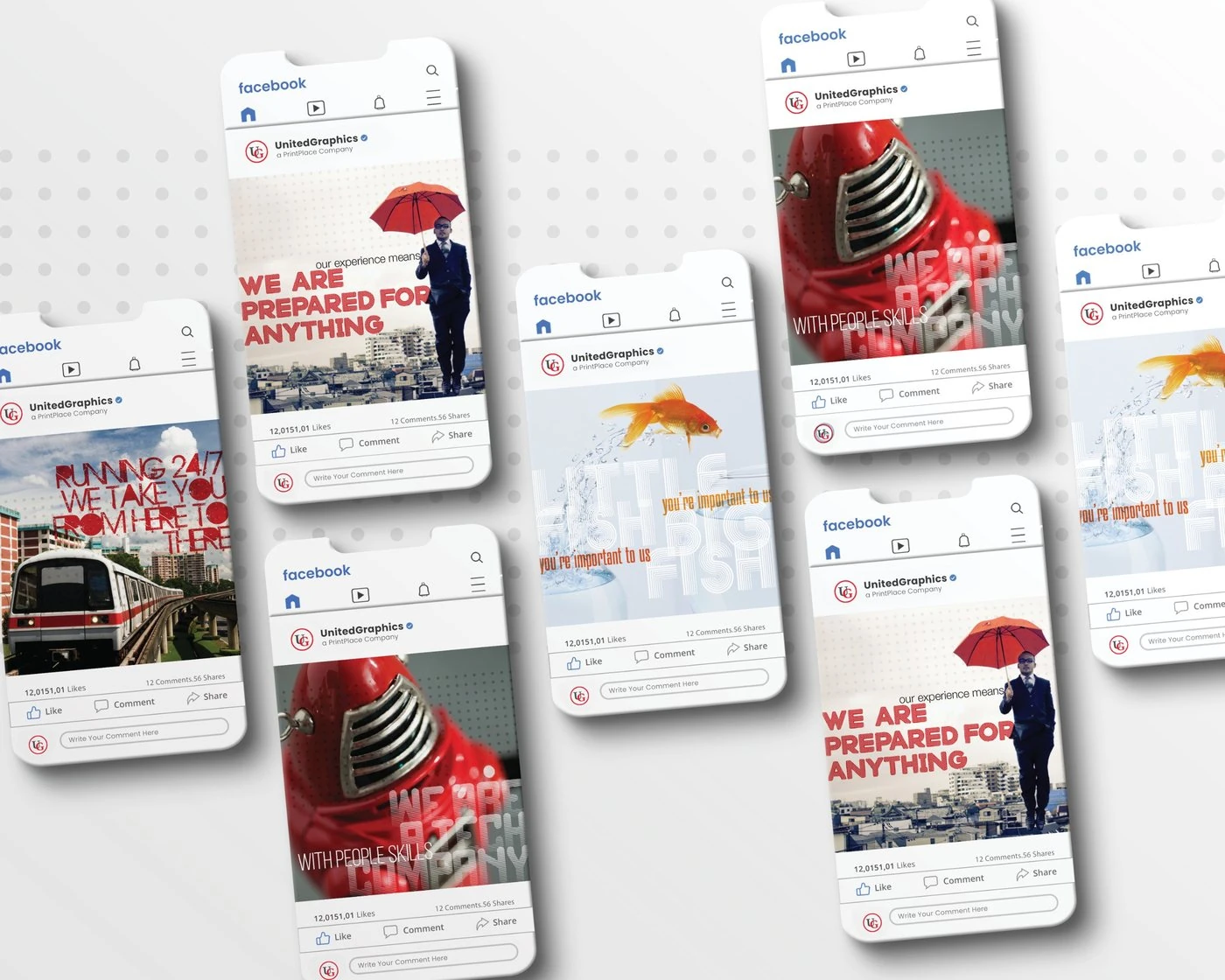 Eight phones showing the United Graphics Facebook campaign with the umbrella man, robot, goldfish and train